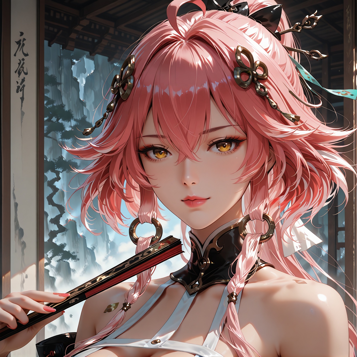 (wlop:0.6),best quality,very aesthetic,pink lips,thin lips,sexy,folding_fan,fan,holding fan,holding,holding fan,solo,open folding fan,the fan blocks half of the face,upper body,<lora:长离长离:1>,changli,1 woman,yujie,long hair,bangs,hair ornament,hair between eyes,yellow eyes,pink hair,ahoge,red hair,