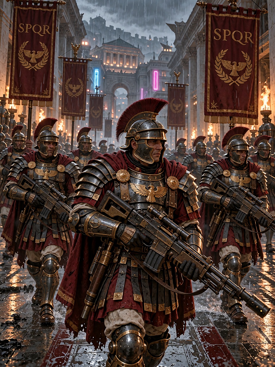 A spectacular close formation of Roman imperial soldiers marching through a rain-soaked avenue,  blackened steel segmented...