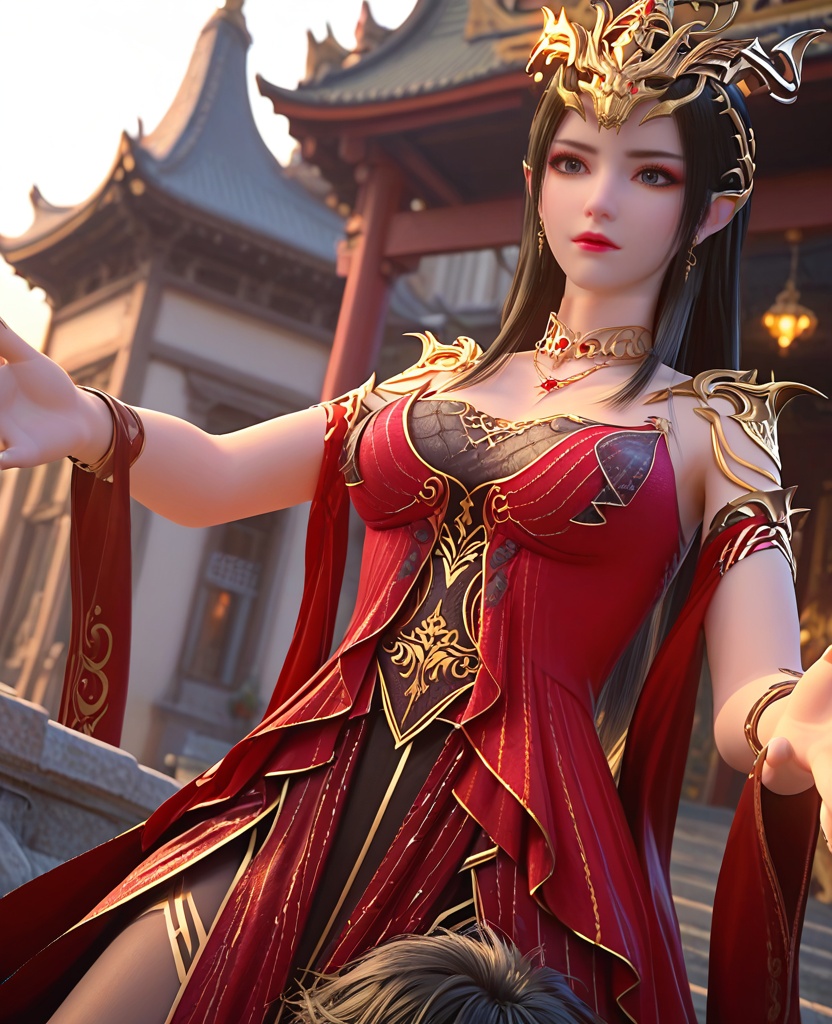 (oriental architecture, elegant decor, sophisticated style:1.1),(Arms stretched overhead, reaching for the sky:1.1),(breasts:1.2),<lora:XL斗破苍穹美杜莎女王装:0.95>,meidusha queen,red fringed dress layered on top of lace corset bra,red fringed dress,lace corset bra,shoulder armor,bare shoulders,pointy ears,crown,black hair,long hair,jewelry,earrings,necklace,detached sleeves,pantyhose,lace inner skirt,blue eyes,, score_9,score_8_up,score_7_up,score_6_up,score_5_up,score_4_up,3d rendering,tag1,tag2, Cinematic Lighting,backlighting,