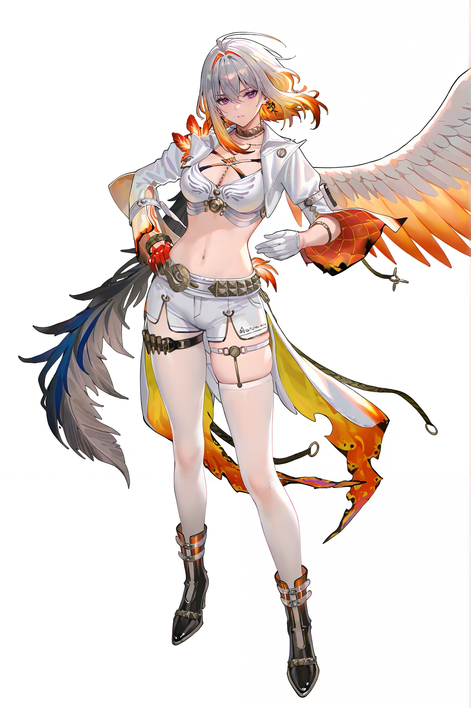 8k,best quality,masterpiece,(ultra-detailed),(high detailed skin),((artist:reoen),(artist:fuzichoco),(artist:atdan),(artist:torino_aqua),year 2024:0.8)1girl,[artist:wlop],[artist:ningen_mame],artist:ciloranko,[[artist:rhasta]],artist:tidsean,colorful,jijia,2d,ambient light,full body,full shot,standing,looking at viewer,(solo:1.2),simple background,(white background:1.2),hand on own hip,(white background:1.1),<lora:Galbrena-will-Tanger:0.8>,Galbrena \(Wuthering Waves\),Galbrenadef,clothes: Galbrenadef clothes,Galbrenadef black shorts,Single-Shoulder Feathered black Capelet,Galbrenadef blue-and-black Hip Drapes,Galbrenadef black-and-blue long sleeves,Galbrenadef asymmetric black thighhighs,Galbrenadef blue right-hand,Galbrenadef black single left-glove,1girl,solo,breasts,boots,navel,white background,cleavage,purple eyes,jewelry,thigh strap,earrings,black footwear,grey hair,black pantyhose,pantyhose,Galbrenadef black single left wing,