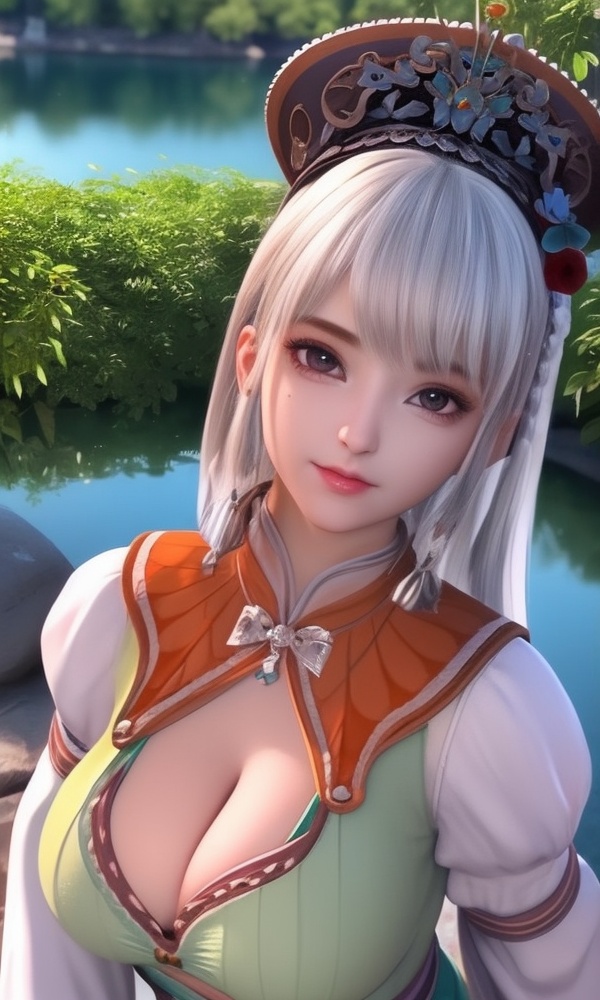 (,1girl, ,best quality, ),looking at viewer, <lora:433-DA-少年歌行-小白:0.8> ,ultra detailed 8k cg, ultra detailed background,  ,masterpiece, (( , )) , lake,upper body,   (cleavage), (),