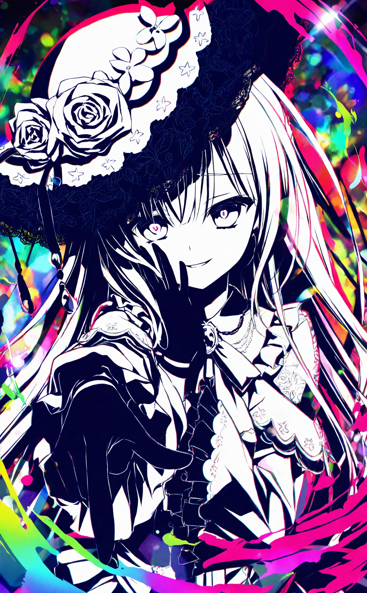 masterpiece,highres,absurdres,newest,best quality,loli,petite,high quality,chromatic_aberration,//,1girl,absurdres,ambiguous_red_liquid,black_gloves,commentary,dress,flower,flower_ornament,frilled_dress,frilled_sleeves,frills,gloves,hand_on_own_face,hat,hat_flower,highres,lolita_fashion,long_hair,mahou_shoujo_no_majo_saiban,parted_lips,pink_pupils,pointing,pointing_down,rose,smile,solo,spoilers,tsukishiro_yuki,upper_body,very_long_hair,white_dress,white_eyes,white_flower,white_hair,white_hat,white_rose,yoshicon,//,hashimoto takashi,(Artist:yuzuna_hiyo:0.5),(Artist:courreges_ace:0.4),(Artist:inugami kira:0.5),(Artist:kobuichi:0.66),(Artist:muririn:0.4),(Artist:kimishima_ao:0.8),(Artist:ameto_yuki:0.45),(artist:izumi_tsubasu:0.5),//,highres,HDR,8K,high contrast,illustration,depth of field,(colorful),Tyndall effect,contrast,lens flare,//,//,<lora:tsukishiro_yuki2——【noob】hans:1>,