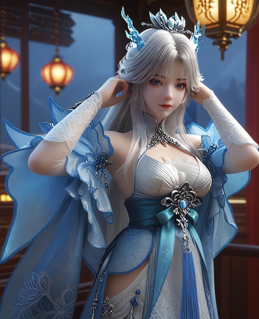 (adjusting hair:1.1),looking at viewer,(large breasts:1.2),<lora:XL16云深不知梦龙儿:0.95>,miss longer,white dress with blue train,blue eyes,mole under left eye,white hair,long hair,half-up braid with long cascading hair,hair ornament,blue wide flowing sleeves,sash,opera gloves sleeves of white,crystal horns,adolescent girl,, score_9,score_8_up,score_7_up,score_6_up,score_5_up,score_4_up,3d rendering,tag1,tag2, Cinematic Lighting,backlighting,