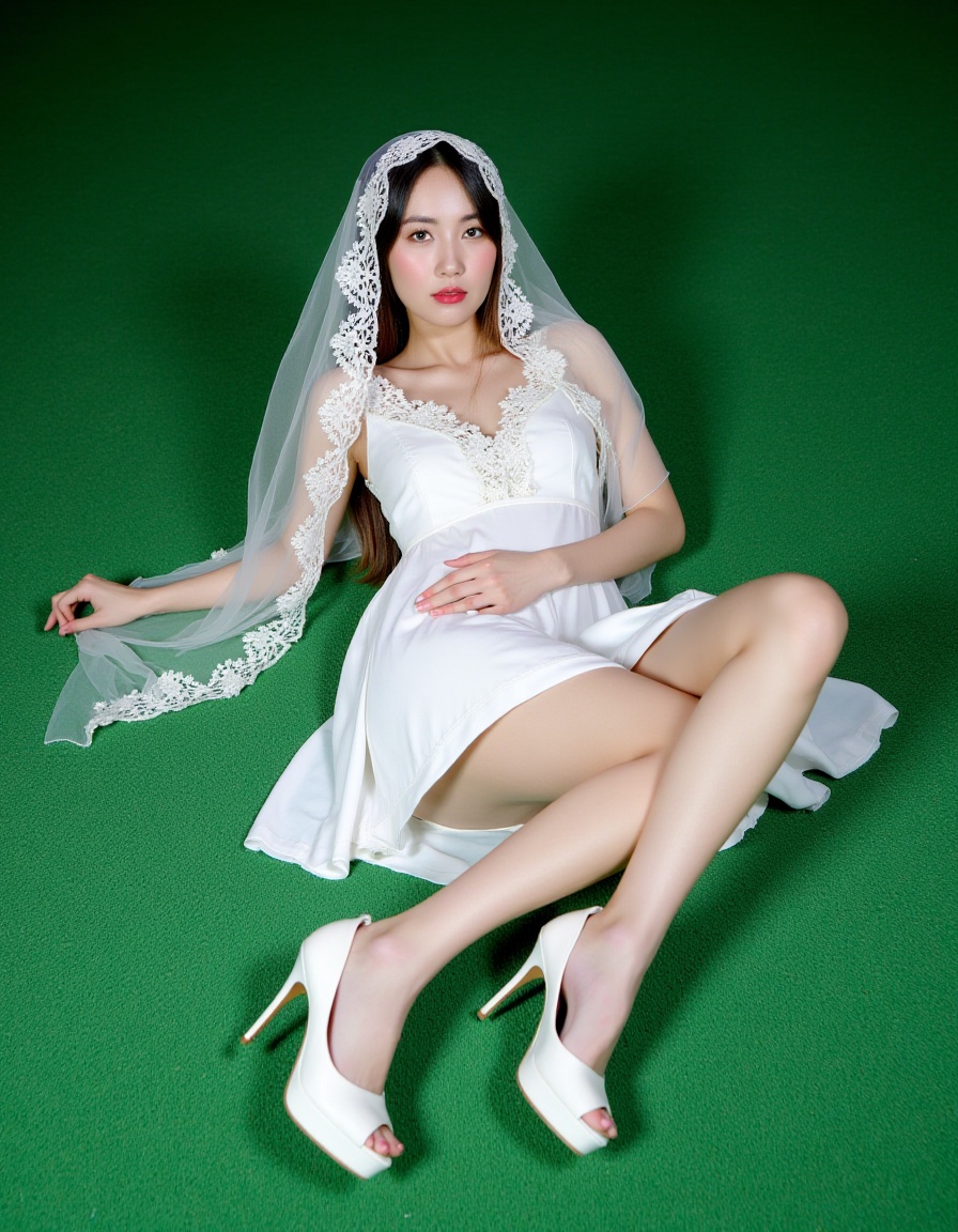 Photograph of an Asian woman with fair skin lying on a lush green carpet. She is dressed in a white, sleeveless, lace-trimmed dress and a matching veil, with her legs crossed and wearing white high-heeled sandals. Her pose is relaxed, with one hand resting on her thigh and the other on her abdomen. The background is a rich green carpet, providing a stark contrast to her pale skin and white attire. The image has a serene, almost ethereal quality.