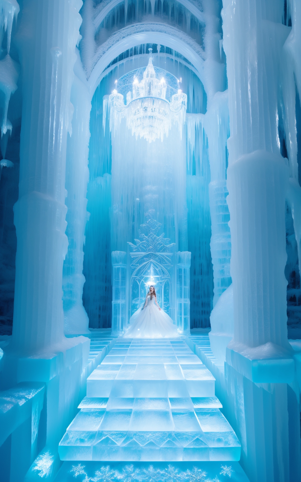 (art by Stanislav Istratov:1),(an ice castle,Pillars made of ice:1.3),(art by Joe Fenton:1.3), 4k,stairs made of ice, an ice sculpture of a girl with an ice crown,Clothes with repeated ornate details, gorgeous gemstones,Light shines from the glass roof, and the tall Windows are made of ice,The walls and pillars of the castle are decorated with snowflakes,Slim, slim legs, slim waist,Fractal art,