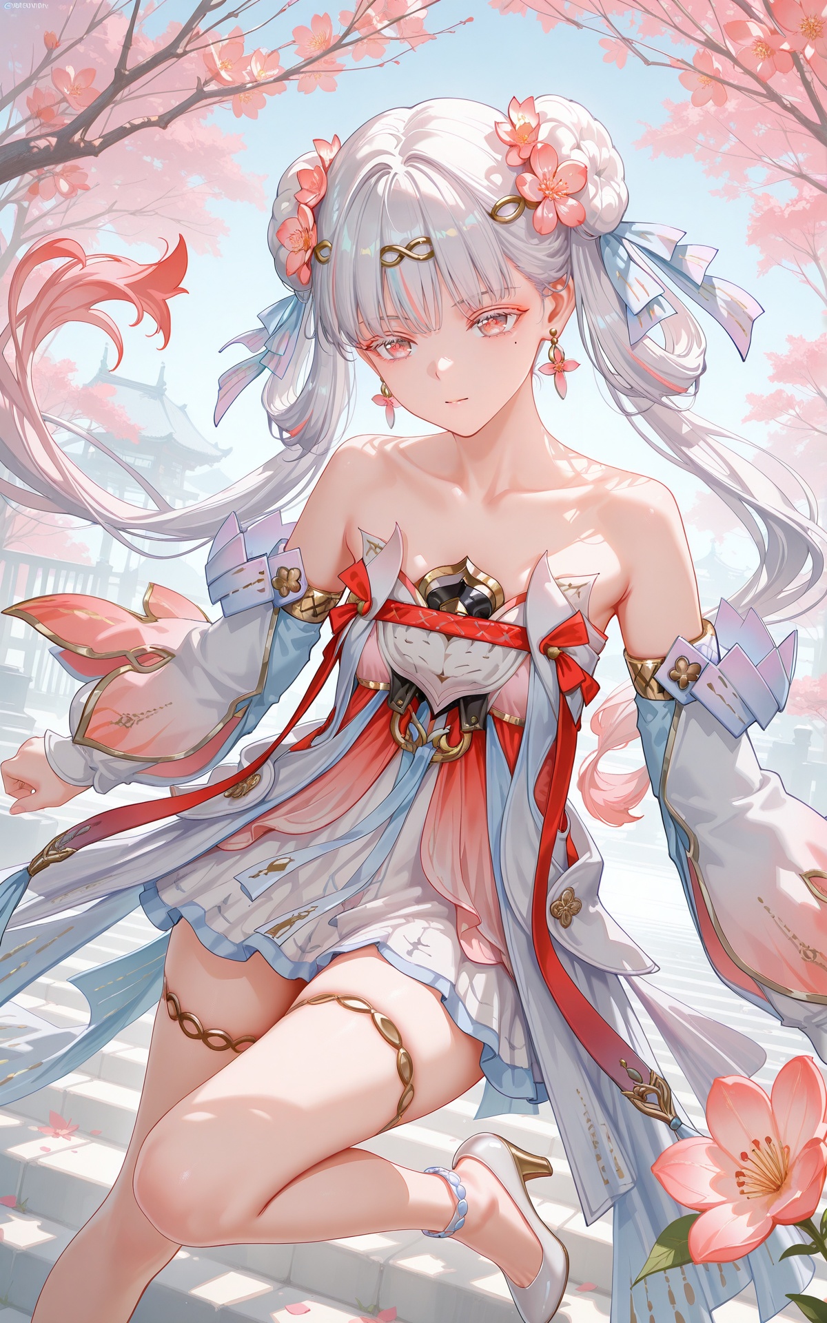<lora:xl-ill-jinhsi_TYZZ(wuthering waves)v1-000010:1>,8k,best quality,masterpiece,(ultra-detailed),(high detailed skin),((artist:reoen),(artist:fuzichoco),(artist:atdan),(artist:torino_aqua),year 2024:0.8),[artist:wlop],[artist:ningen_mame],artist:ciloranko,[[artist:rhasta]],artist:tidsean,colorful,jinhsi:TaoYaoZhuoZhuo\(wuthering waves\),1girl,solo,red eyes,amorous eyes,mole,mole under eye,flower,peach blossom,hair bun,double bun,hair ornament,hair flower,hair ribbon,ribbon,jewelry,grey hair,long hair,earrings,collarbone,bare shoulders,armlet,dress,detached sleeves,thighlet,white footwear,high heels,anklet,
