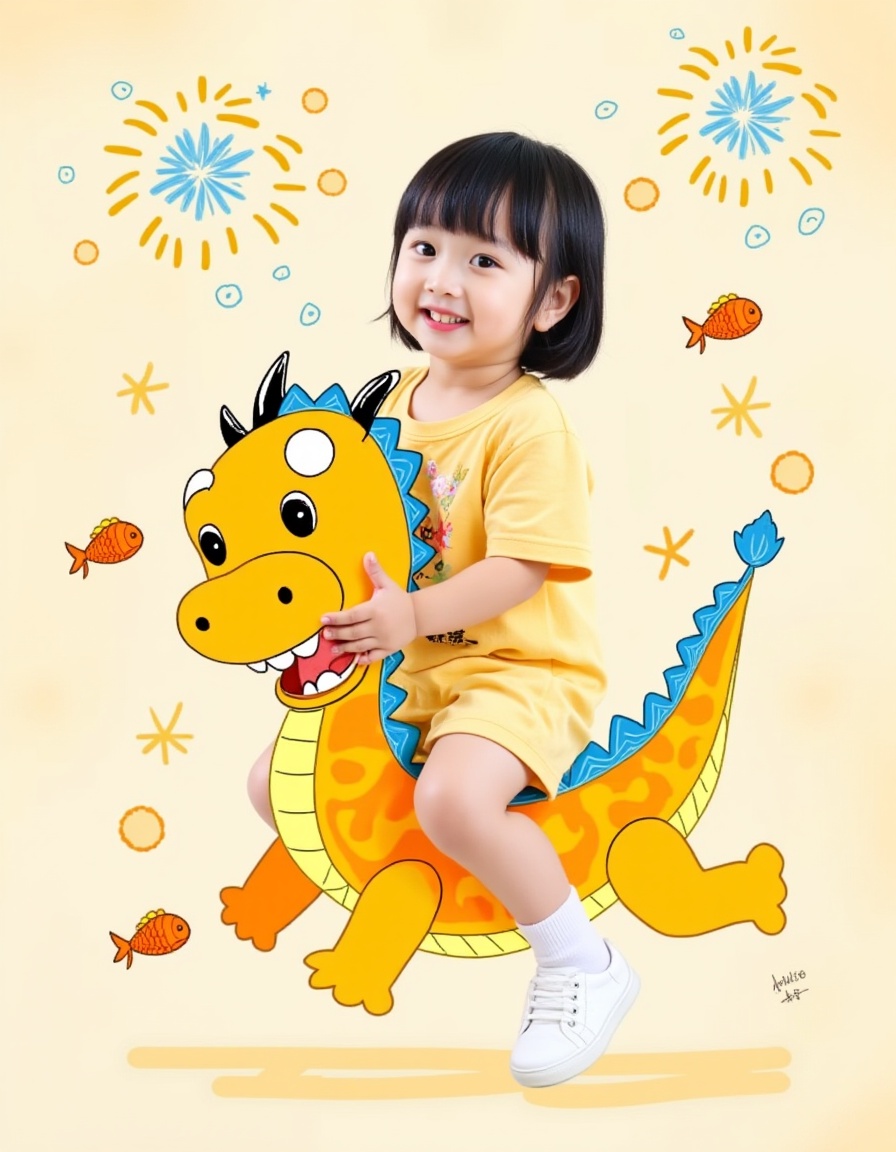 This is a vibrant, whimsical photograph featuring a young Asian girl, approximately 3-5 years old, riding a playful, cartoonish yellow dragon. The girl has straight black hair, styled with bangs, and is adorned with a cheerful yellow outfit featuring floral patterns. She wears white socks and white shoes, adding to the playful, childlike theme.The dragon is drawn in a cartoon style with exaggerated features, including large eyes, a wide smile, and black horns. It has a bright orange body with yellow scales, blue fins, and a blue tail. The dragon is depicted with a playful, friendly expression, and it has a large, circular eye on its head.The background is a light beige color with a slightly textured appearance, enhancing the playful and whimsical atmosphere. Above the dragon, there are festive elements such as blue, yellow, and orange fireworks, adding to the celebratory feel. Additionally, the background includes several small, orange fish with exaggerated features, swimming around the dragon and the girl.The overall style of the photograph is bright, colorful, and playful, with a focus on creating a joyful, celebratory atmosphere. The image is likely part of a children's book or a festive decoration..   <lora:jiaV1 (5):1>
