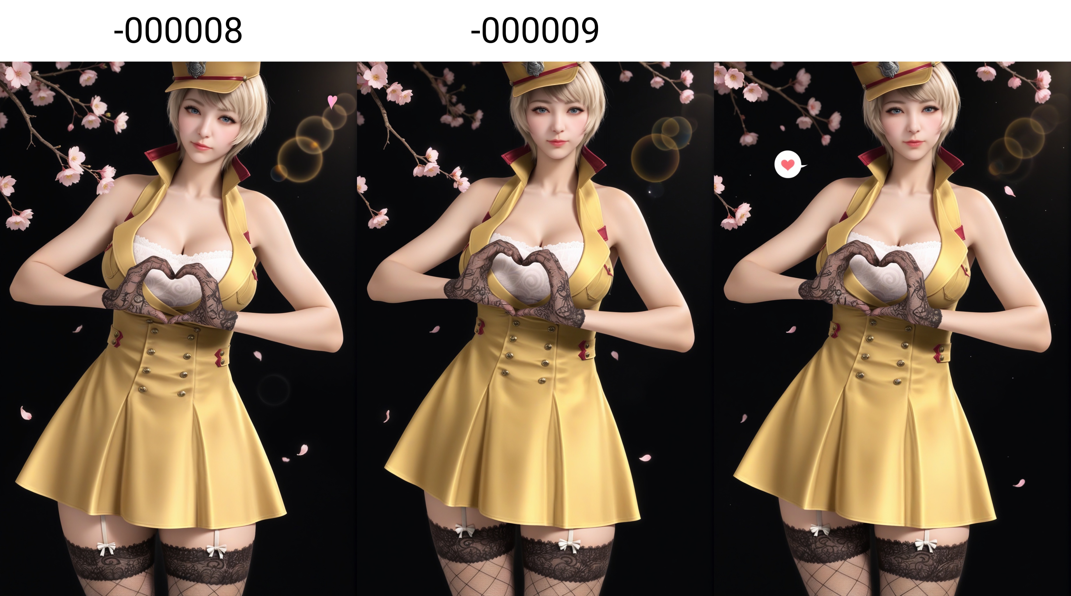 masterpiece,best quality,absurdres,highres,plump,curvy,mature female,<lora:潜-灵狐-ill-000008:0.85>,1girl,solo,blonde hair,short hair,blue eyes,halter dress,high collar,bare shoulders,military hat,lace-trimmed legwear,fishnet thighhighs,garter straps,black gloves,lace gloves,collarbone,large breasts,heart,spoken heart,(heart hands),(cleavage cutout),cleavage, looking at viewer,(front view),BREAK(white_skin:1.1),(fair_skin:1.1),realistic,twig,branch,falling petals,simple background,black background,rim light,Volumetric Lighting,lens flare,Tyndall effect,depth of field,bokeh,sparkle,<lora:Skin color slider - Illustrious_alpha1.0_rank4_noxattn_last:-1>,