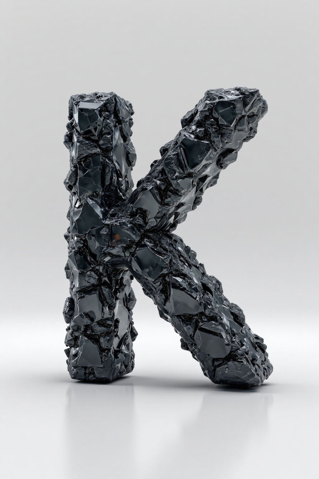 beijihui,3D icon design of letter 'K', **** of obsidian with jet-black glassy shards and sharp, reflective edges, hyperrealistic, hyperdetail, front view, studio lighting, 100mm lens, white solid background 