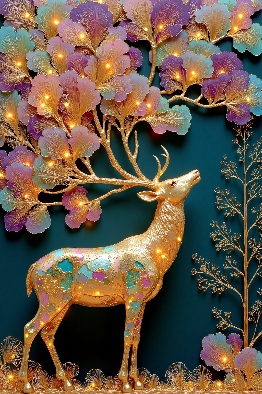 beijihui,Captured from an eye-level perspective,a golden reindeer stands in front of a backdrop of a tree. The deer's head is facing the right side of the frame,its head turned slightly to the left. The tree's branches are adorned with a variety of vibrant colors,including purple,pink,blue,and green. The leaves of the tree are detailed,adding a touch of nature to the scene. To the right of the deer,a tree branch is adorned with small white lights. The background is a deep blue,creating a striking contrast with the deer and the trees.,