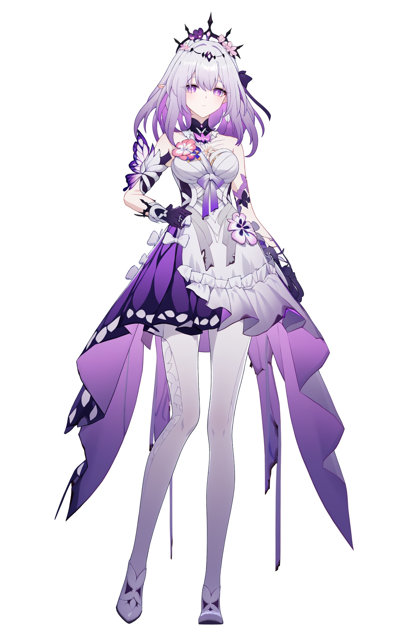 score_9,score_8_up,score_7_up,score_anime,8k,best quality,masterpiece,(ultra-detailed),(high detailed skin),(by nanoless, by misumi \(macaroni\),:0.5),<lora:YLI 0.1v:0.25>,<lora:style1:0.25>,A full-body portrait of a young girl,standing gracefully,pastel art style,high-key lighting,shoujo manga influence,hd quality,delicate details,full body,full shot,standing,looking at viewer,(solo:1.2),simple background,white background,hand on own hip,<lora:Castorice-pony-Tanger:0.8>,Castorice (honkai: star rail),clothes: Castorice  def  white dress,black tiara,1girl,purple eyes,purple hair,bangs,black gloves,white pantyhose,