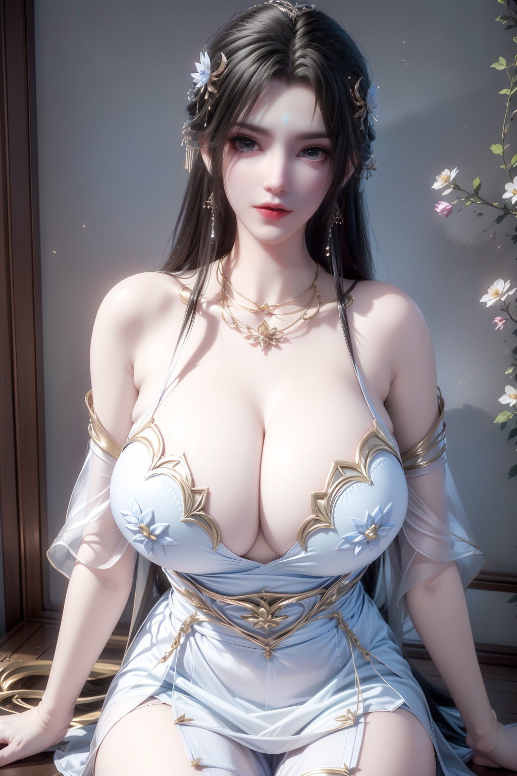 8k,RAW photo,best quality,masterpiece,hatching (texture),skin gloss,light persona,artbook,extremely detailed CG unity 8k wallpaper,official art,(high detailed skin),glossy skin,contrapposto,female focus,sexy,fine fabric emphasis,wall paper,1girl,solo,(white_dress:1.2),very long skirt,very long hair,close up,portrait, (breasts, medium breasts, cleavage:1.6,gigantic breasts, saggy breasts:1.1,breasts_apart:1.2,hanging_breasts:1.2),qy-hd,s-hd,<lora:0412清漪白衣12864:0.7>,ll-hd,<lora:1111白皙质感:0.5>,ty-hd,<lora:0110田野:0.6>,<lora:泛光:0.3>,<lora:0223皮肤lora-000001:0.3>,