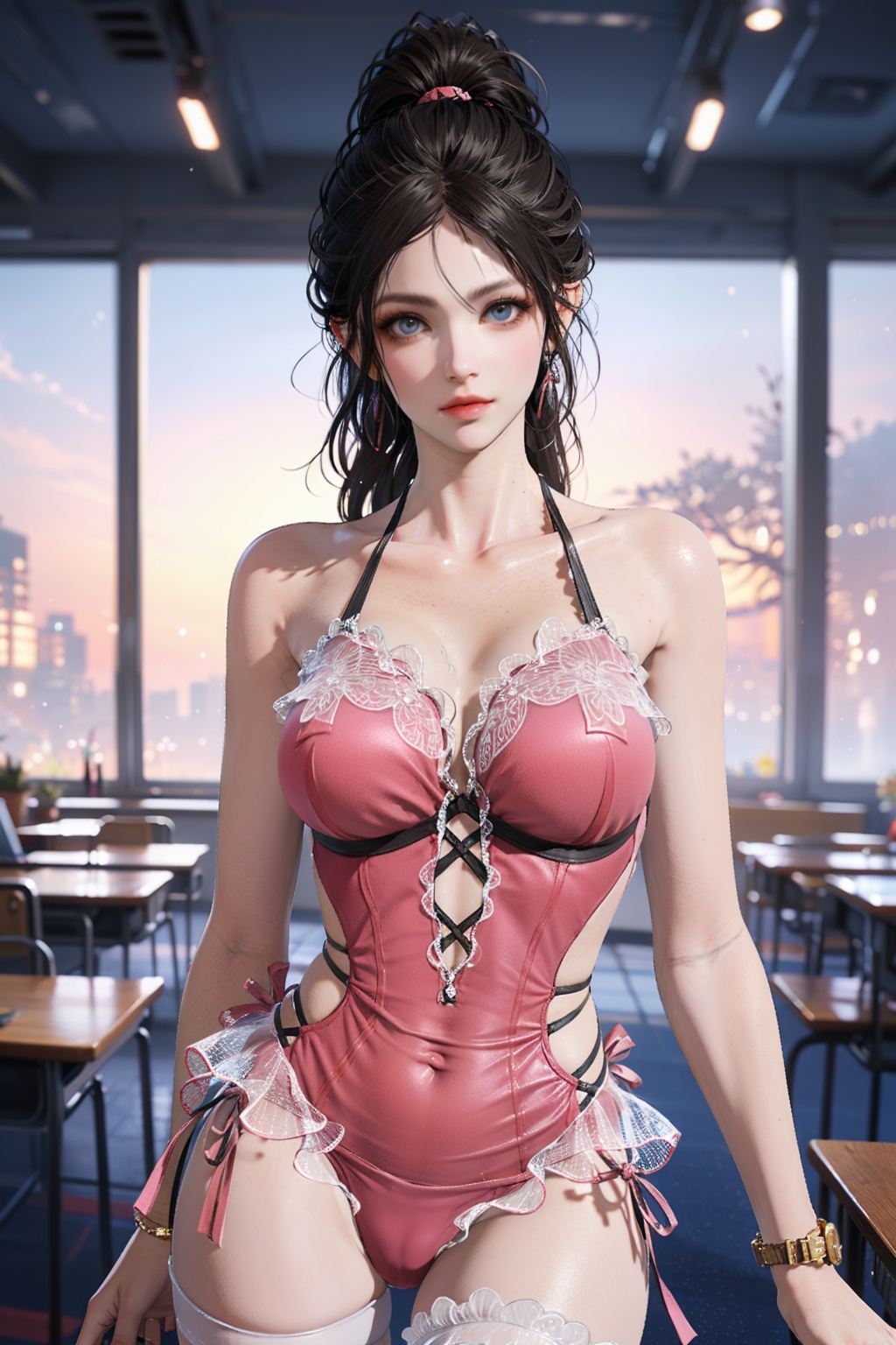 Best quality,masterpiece,ultra high res,realistic,photorealistic,shenmiao,looking at viewer,1girl,solo,closed mouth,front view,(large breasts:1.1),<lora:shenmiao1r-000005:0.75>,cowboy_shot,(classroom:1.1),(arms arms behind back:1.1),