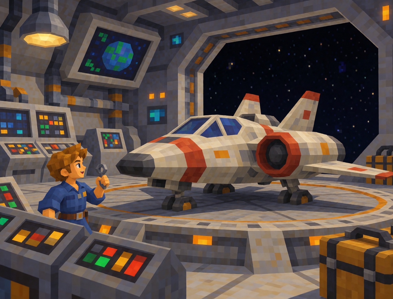 A retro science fiction hangar with a small spaceship,  blinking control panels,  a mechanic character on Tensor.Art