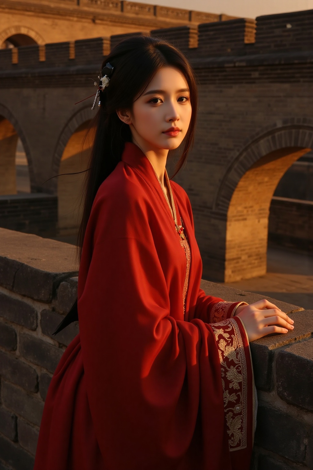 War robe,This is a high-resolution photograph of a young East Asian woman in traditional attire, likely from a historical period. She is standing against a backdrop of ancient stone architecture, suggesting a historical or cultural setting. The woman has fair skin and a delicate, oval face with a serene expression. Her hair is styled in an elegant, traditional updo, adorned with a black hairpin. She is dressed in a vibrant, deep red silk robe with long sleeves and intricate gold embroidery along the cuffs and hem, indicating a high level of craftsmanship and cultural significance. The fabric appears smooth and luxurious, catching the warm, golden light of the setting sun, which casts dramatic shadows and highlights her features. Her hands are placed delicately on a stone wall, adding a sense of grace and poise to her posture. The background features a series of stone arches and walls, possibly part of an ancient fortress or palace, with a warm, golden hue that contrasts with the cool, dark tones of the stone. The overall composition is rich in cultural and historical details, evoking a sense of timelessness and beauty.
