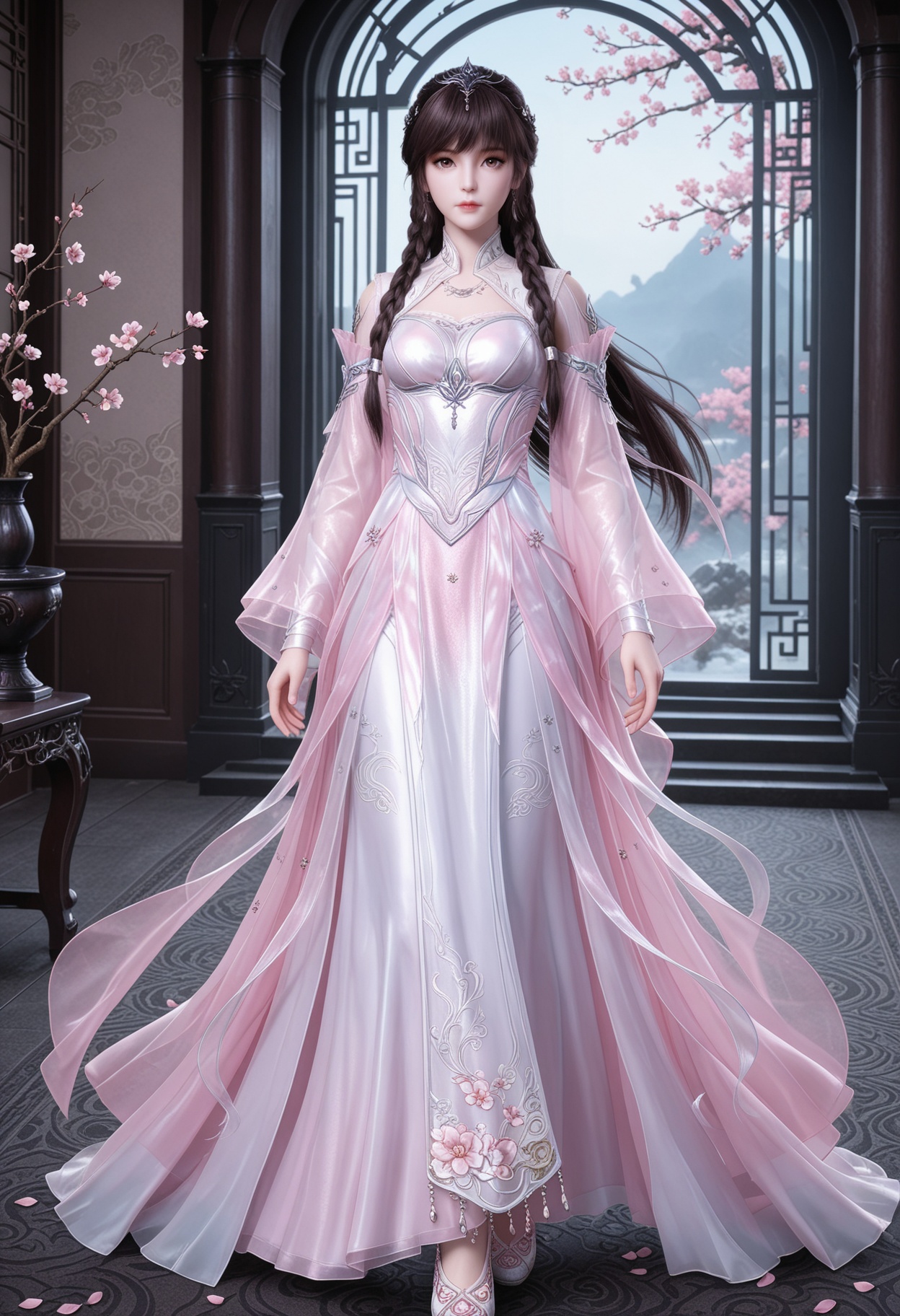 (standing full_body:1.1),(looking at viewer:1.1),masterpiece,(best quality),smog,Dark room,dim lighting,peach blossom,falling petals,<lora:YQ_Illustrious光辉v5_小舞_神装1_V1:0.8>,q1528437228,1girl,solo,long hair,braid,dress,brown hair,hair ornament,white dress,jewelry,detached sleeves,pink dress,tiara,black hair,long sleeves,brown eyes,necklace,earrings,twin braids,pink eyes,collar,shoes,high heels,white footwear,