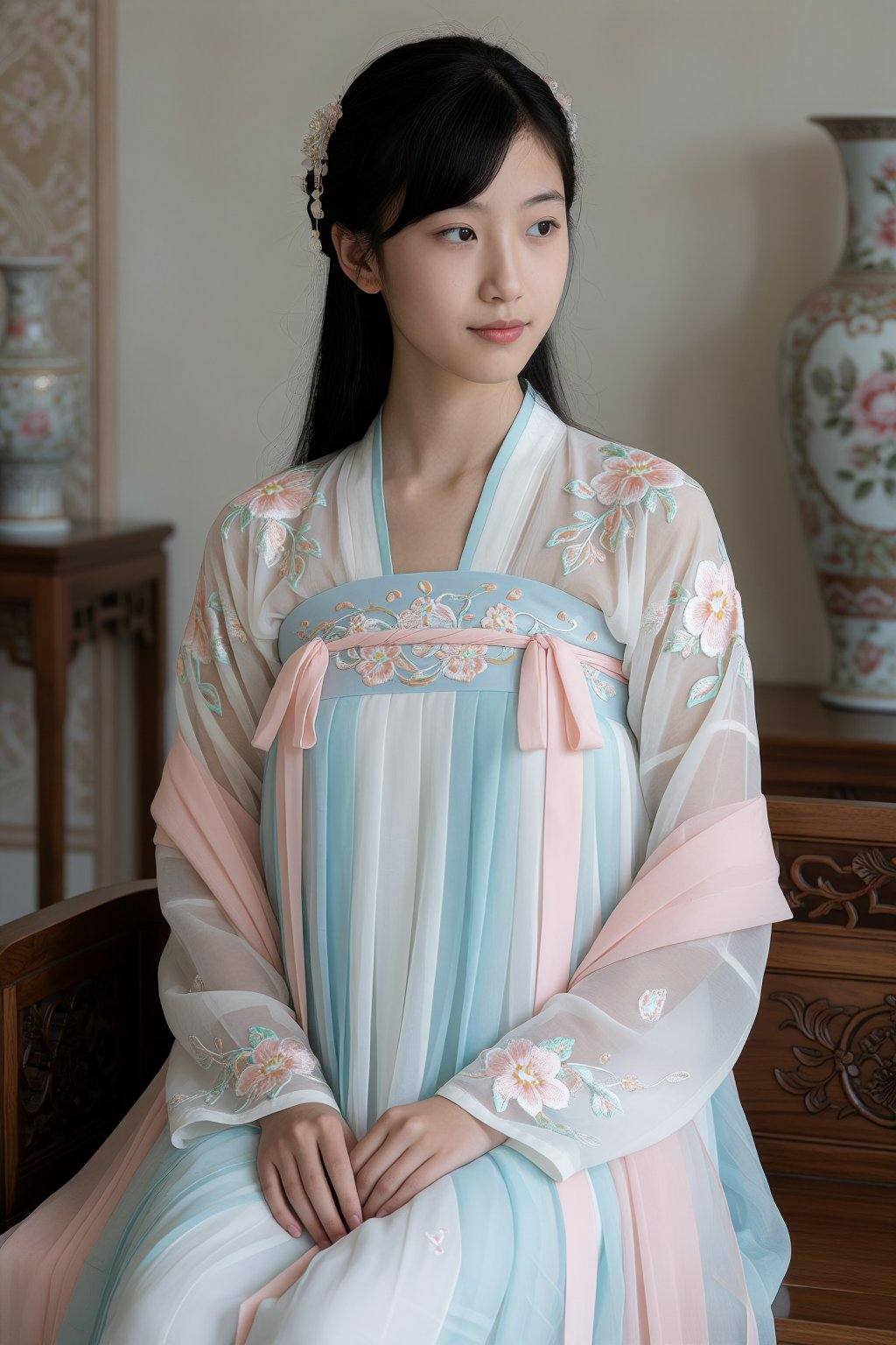 A young Asian woman,  estimated age range early twenties,  gazes to the side. She wears a traditional Chinese Hanfu dress...