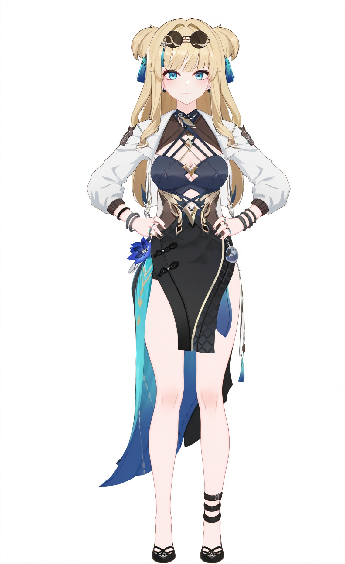 8k, best quality, masterpiece, (ultra-detailed), (high detailed skin), (white background:1.3), (full body:1.25), (white background), standing, looking at viewer, (solo), hands on hips, <lora:songque-artiwaifu-Tanger-000009:0.8>,songque, def clothes, youfang, 1girl, blonde hair, long hair, breasts, jewelry, double bun, blue eyes, ring, black skirt, high heels, white jacket, eyewear on head, sunglasses,(beautiful_face), ((intricate_detail)), clear face, ((finely_detailed)), fine_fabric_emphasis, ((glossy)), full_shot, 