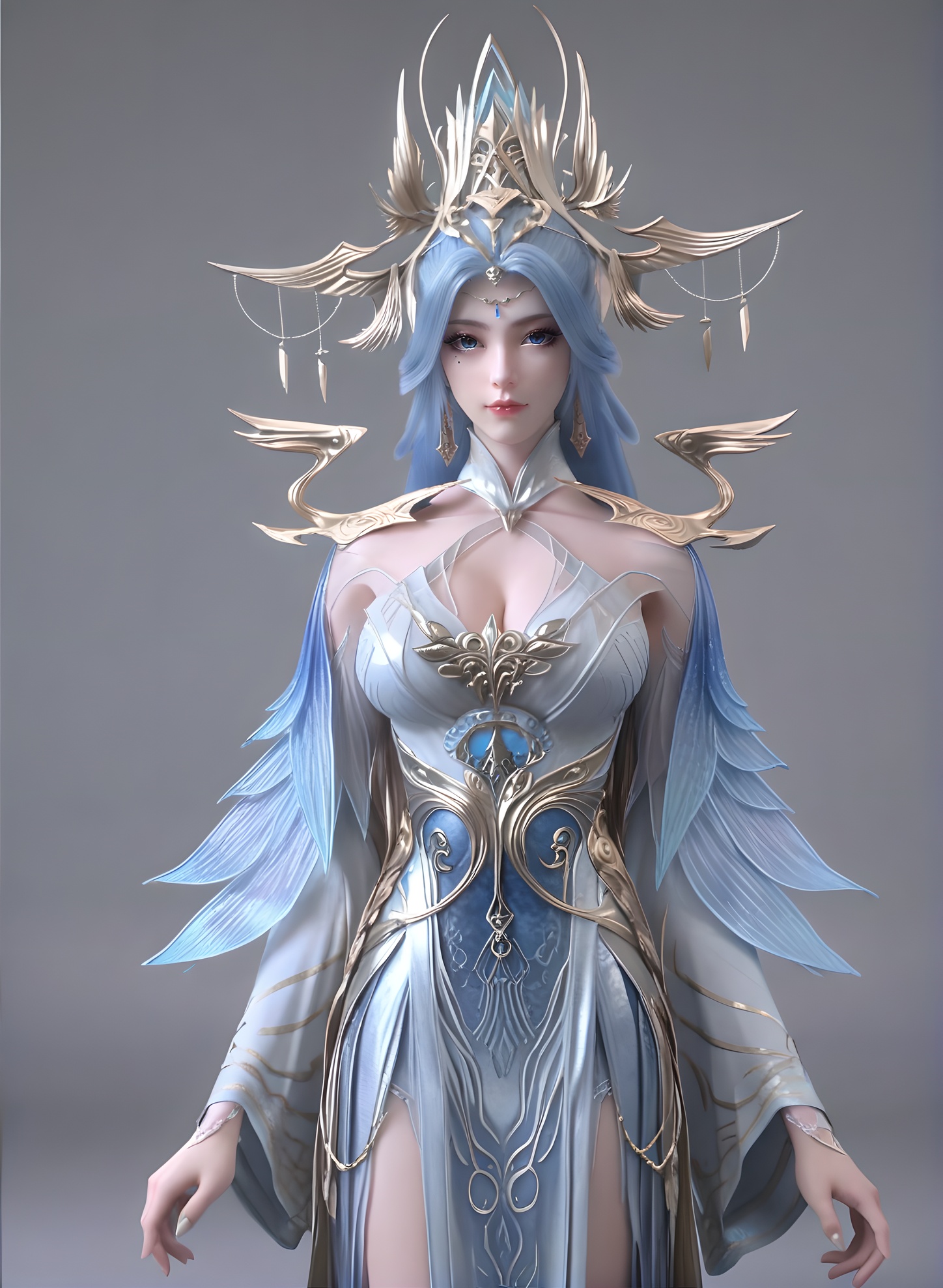 fair_skin,white_skin,Ivory_skin,score_9,<lora:SF_NingYuDieSecondCothing_Pony_Realism-000004:0.7>,hair ornament,dress,blue hair,1girl,breasts,large breasts,standing,solo,looking at viewer,simple background,