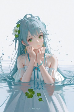 masterpiece,best quality,high quality,(colorful),[Artist sk (askzy)],[Artist wlop],Artist SHC, 1girl,Luo Tianyi (Vocaloid), clover, solo, long hair, green eyes, four-leaf clover, dress, flower, own hands together, looking at viewer, water, hair ornament, parted lips, very long hair, bangs, earrings, white background, jewelry, bare shoulders, upper body, white dress, hair flower, ribbon, simple background, hands up, blush