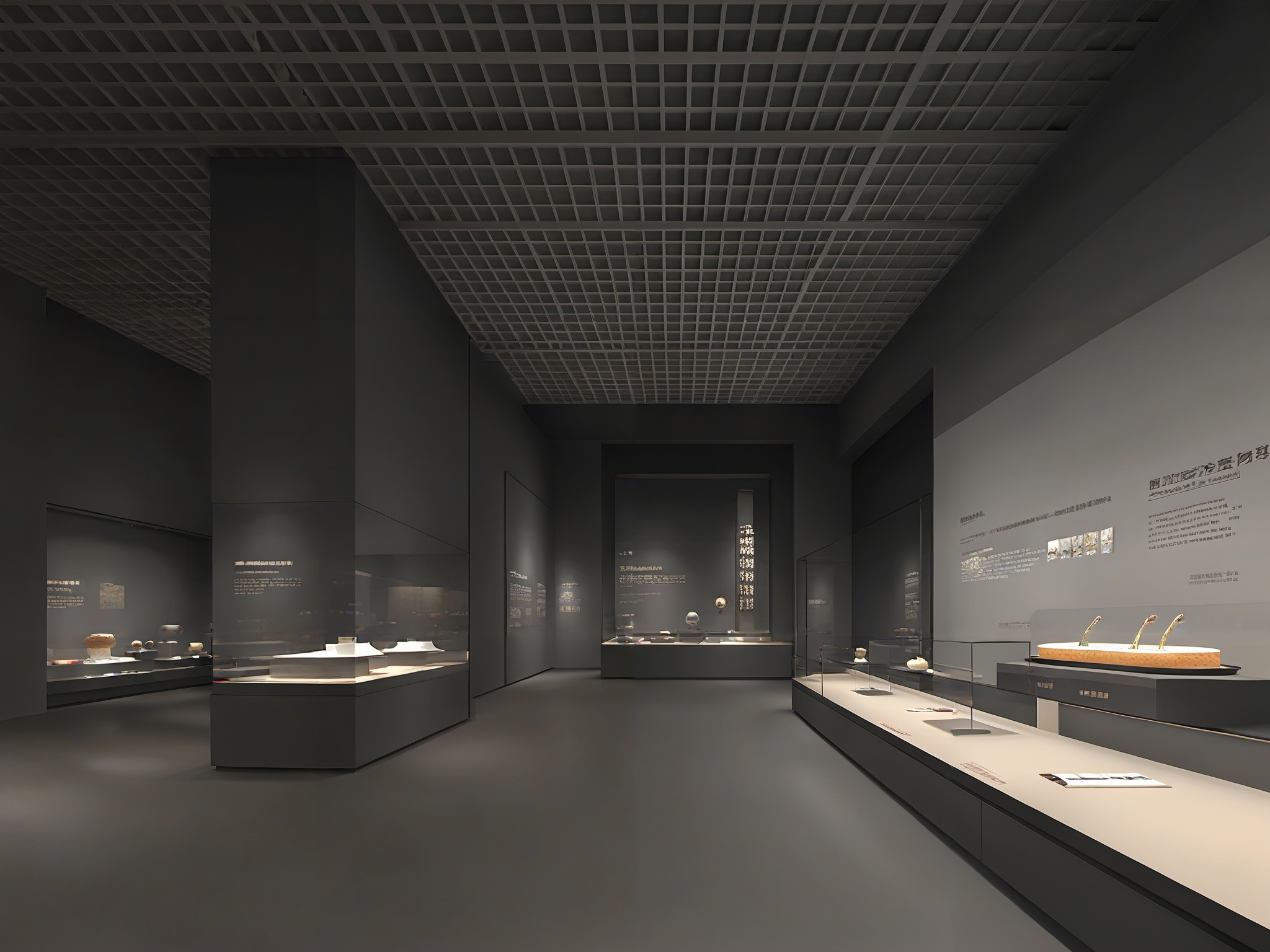 BOWUGUANkongjian,Dark wall, grey floor, square panel, dark space, grey metal mesh ceiling, round glass booth, curved wall, inclined wall, masterpiece,High quality,4K,professional lighting,VRAY rendering
