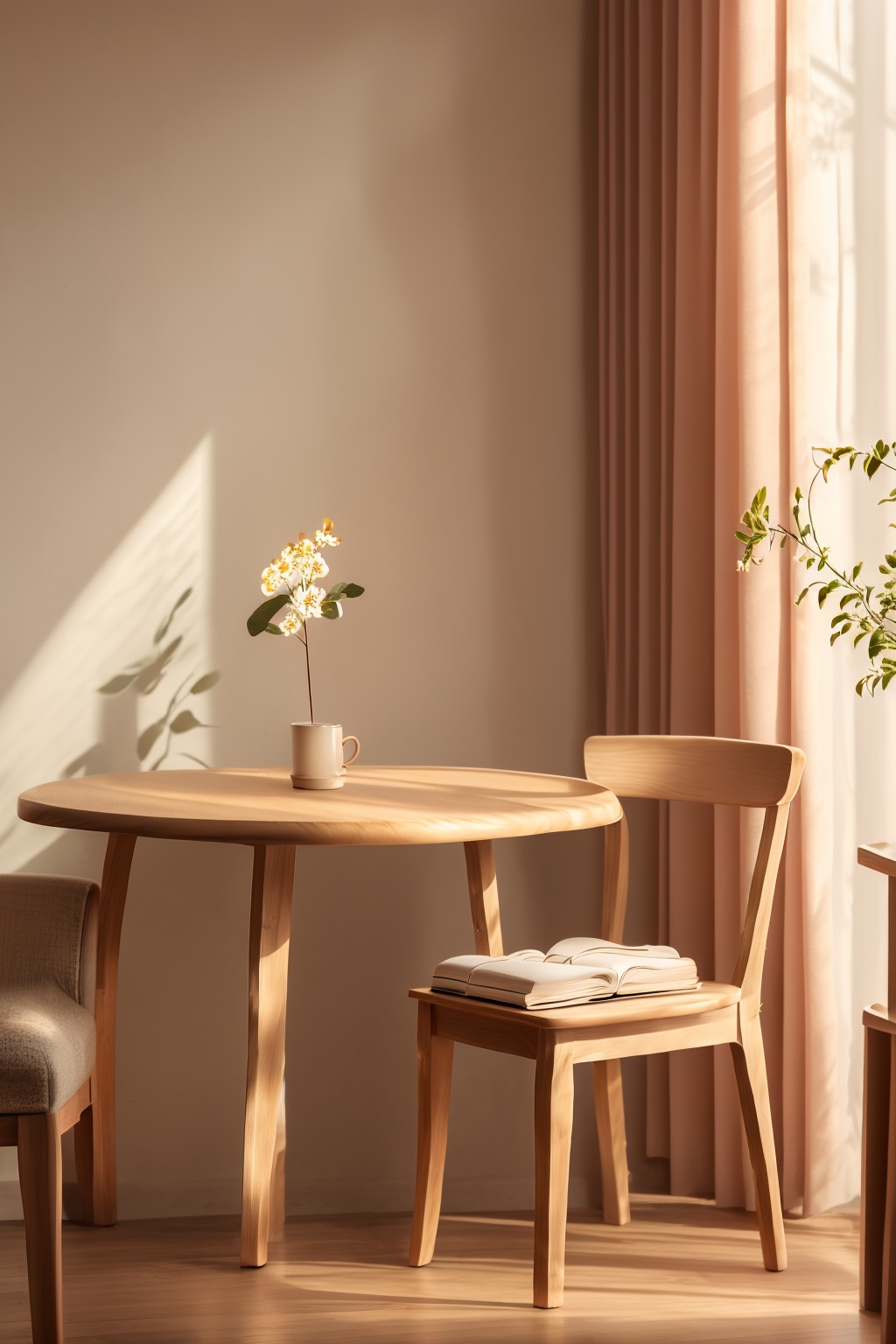 product photography, indoor, flower, indoors, cup, no humans, window, chair, table, white flower, curtains, scenery, teacup, wooden floor, still life, wooden table, wooden chair