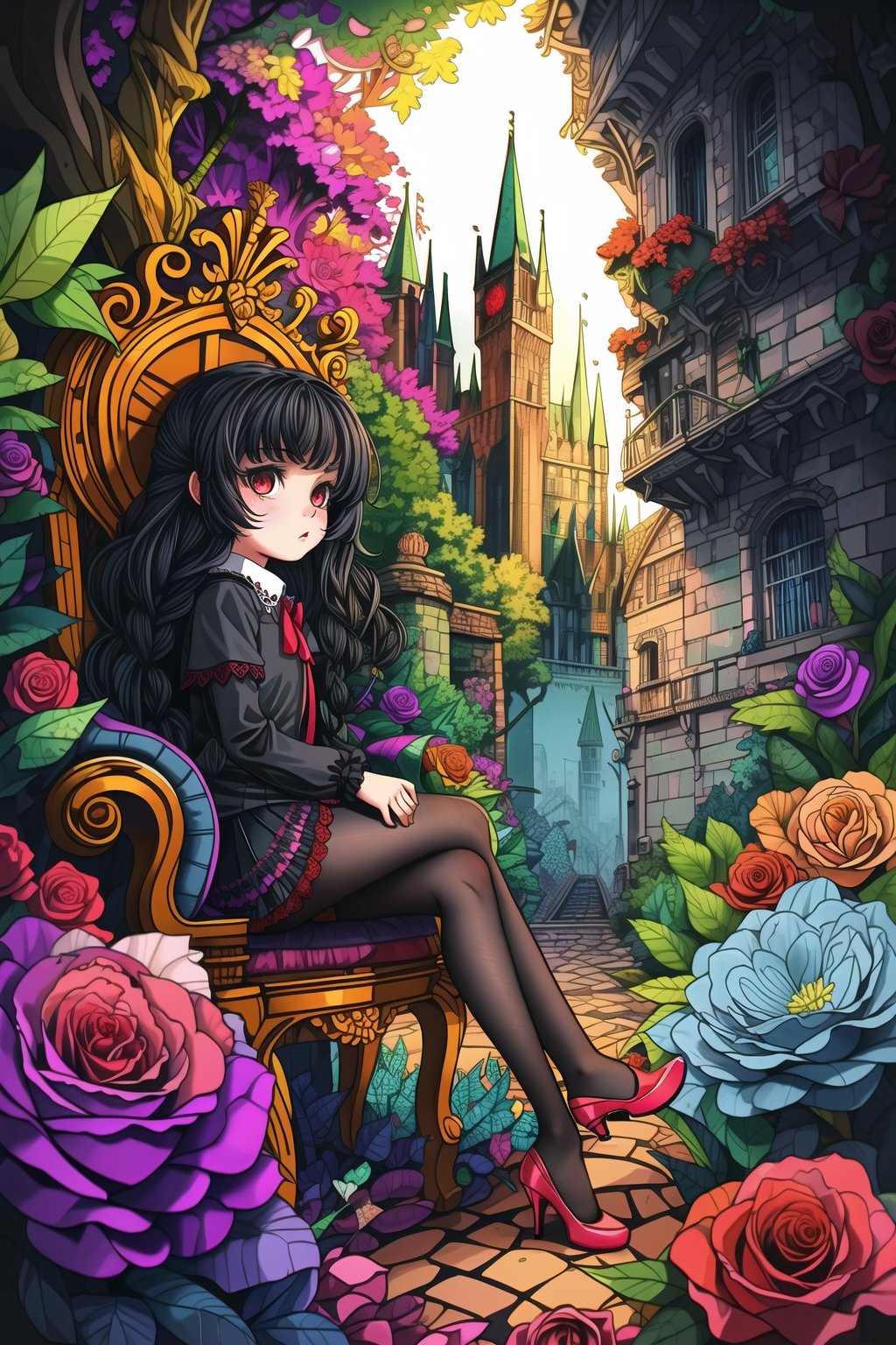 masterpiece, ((best quality)), (ultra-detailed), (illustration), an extremely delicate and beautiful girl, dynamic angle, chromatic aberration, ((colorful)),//,1girls,loli,(petite child:1.1),//,(in Gothic castle),girl with black hair,red eyes,Vertical pupil,long hair,hair arrangement,(Detailed face description),(batwing),(Gothic Lolita),(bat tail),alccandlestick,Cathedral glass,,short skirt,black pantyhose,red lace,high heels,rose tattoo,throne,sitting,crossed legs,//,<lora:秘密花园:0.8>,