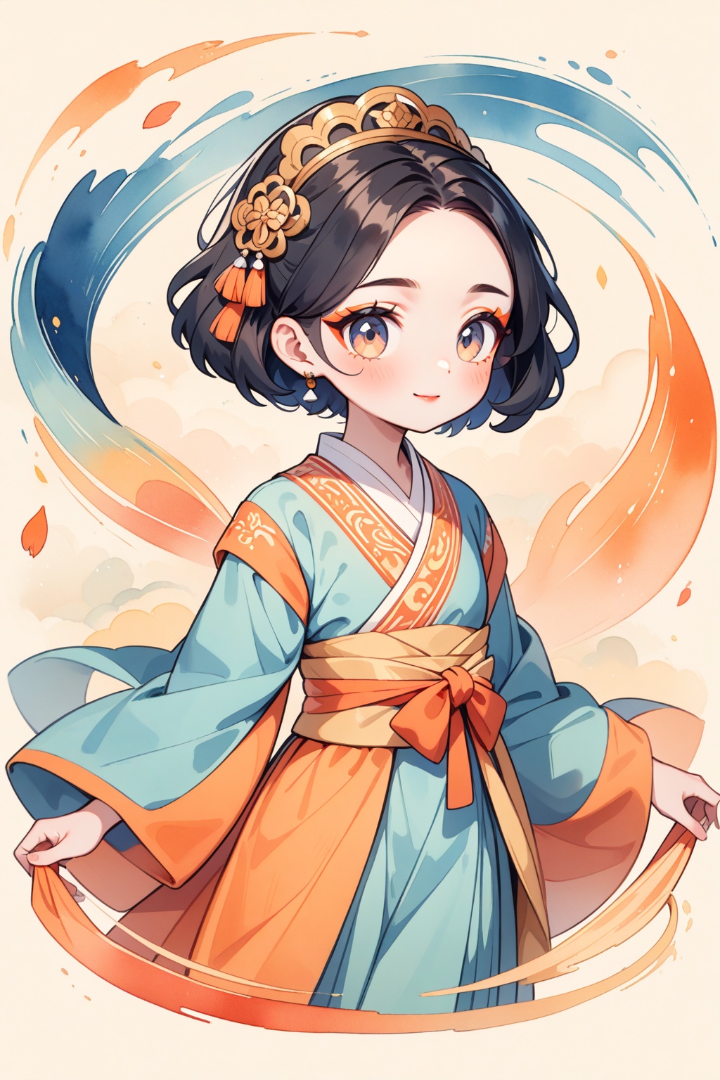 Traditional Chinese illustration,A cute girl with short hair in a Hanfu bows to the camera,flowing patterns,textured,blue and orange palette,traditional attire,serene,stylized natural elements,minimalist figure,digital art,vintage aesthetice,watercolor on paper,ancient fashion,cultural heritage,detailed makeup,serene expression,ornate accessories,vintage texture,<lora:糖果森林_XL_LoRA_v1.1:1.3>,, masterpiece,best quality,very aesthetic,absurdres,