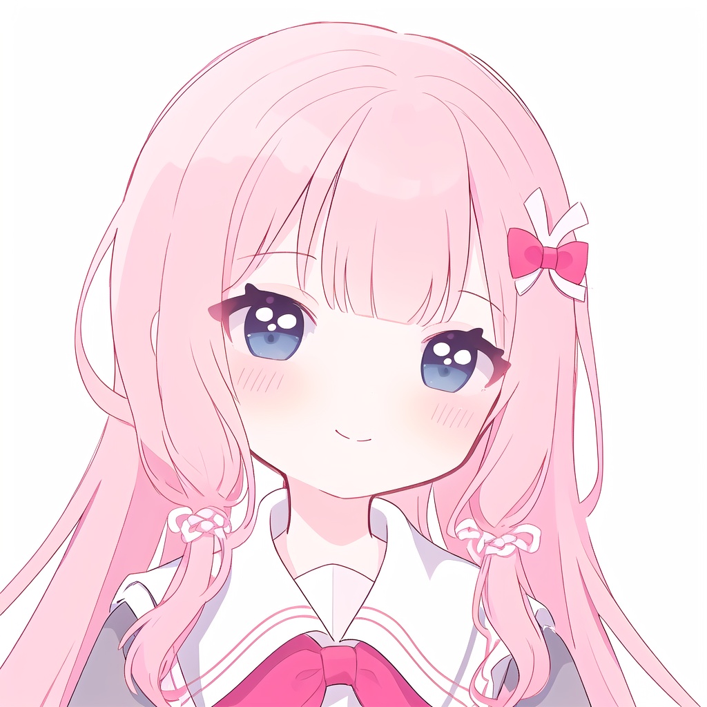 1girl, loli, solo, uniform, white background, close up,  <lora:xue_eye_v1:1>, smile, (blush), head tilt, hairbow, pink hair, sailor collar, 