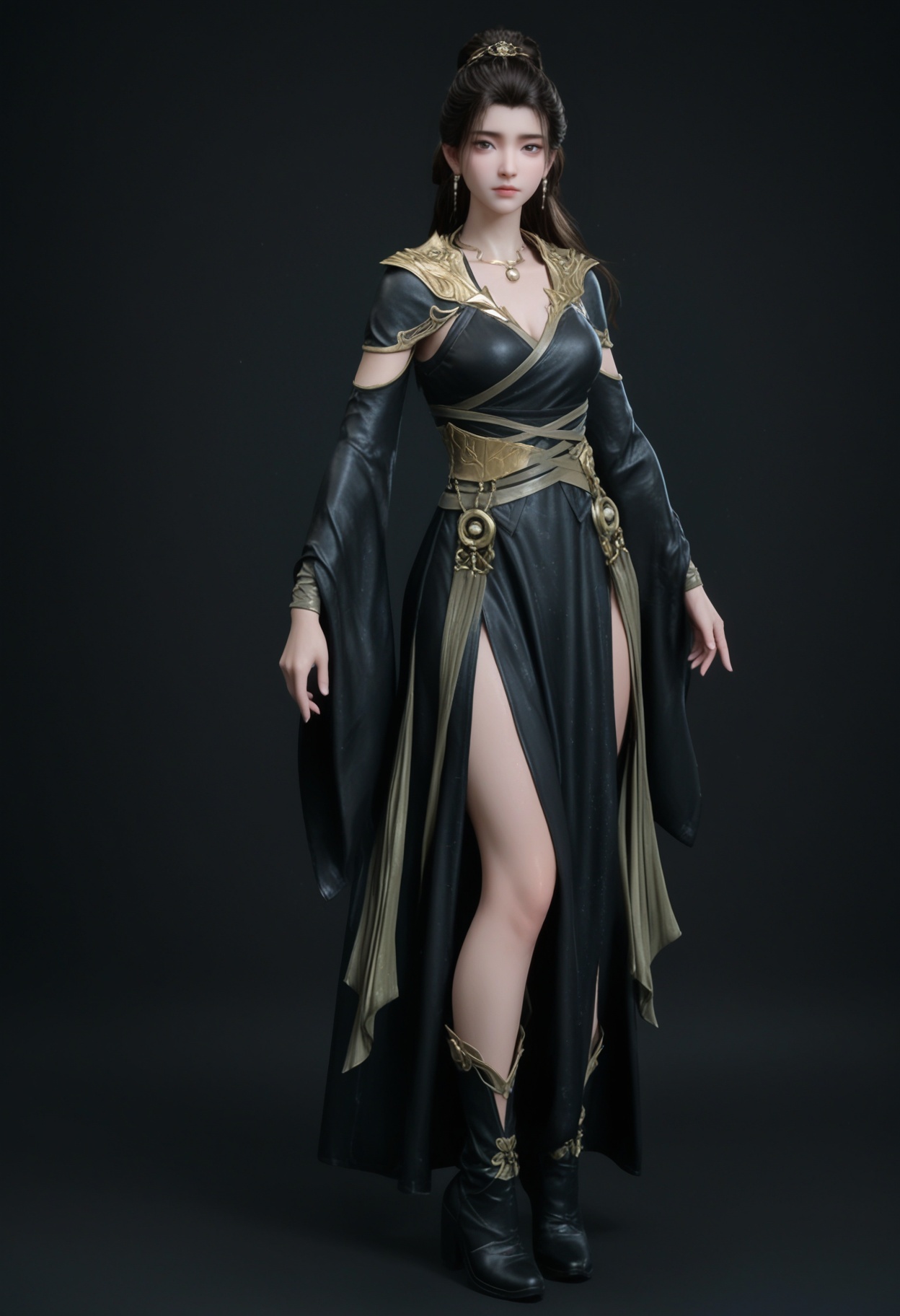 (standing full_body:1.1),score_9,score_8_up,masterpiece,(best quality),intricate details,facing viewer,(looking at viewer:1.1),<lora:YQ_pony_yanruyan_V4:0.8>,q1528437228,1girl,solo,black hair,long hair,jewelry,earrings,necklace,black dress,dress,black eyes,long sleeves,hair bun,ponytail,wide sleeves,sash,single hair bun,hair ornament,detached sleeves,brown hair,pale skin,boots,black footwear,BREAKscore_9,score_8_up,masterpiece,(best quality),perfect anatomy,(hourglass),perfect face,(simple background,pure black background,black background:1.1),fair_skin,shiny_skin,Ivory_skin,