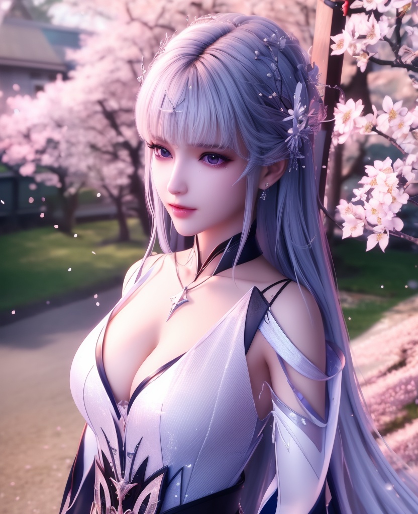 <lora:587-DA-神印王座-圣采儿-觉醒:0.8>(,1girl, ,best quality, ),looking at viewer,  ultra detailed background,ultra realistic 8k cg,ultra detailed 8k cg,masterpiece,upper body,  (( , )),, ,science fiction,mole, ultra realistic 8k cg, ,    ,outdoors, sun,sunlight, cherry blossoms,      (cleavage), (),