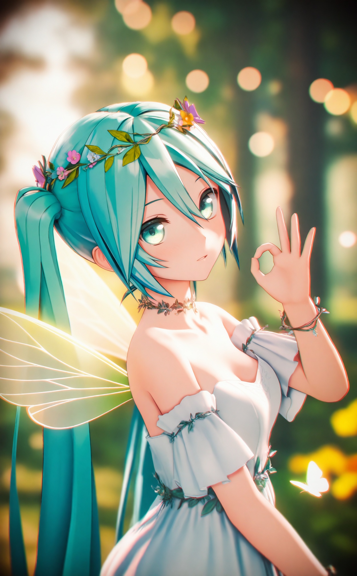 masterpiece,absurdres,best quality,loli,petite,high quality,chromatic_aberration,//,1girl,hatsune_miku,solo,wings,bug,long_hair,blurry,butterfly,twintails,blurry_background,dress,very_long_hair,breasts,fairy_wings,jewelry,depth_of_field,cleavage,aqua_hair,looking_at_viewer,insect_wings,butterfly_wings,nature,hair_between_eyes,strapless_dress,upper_body,bare_shoulders,fairy,flower,white_dress,bracelet,butterfly_on_hand,open_mouth,head_wreath,green_eyes,strapless,forest,detached_sleeves,aqua_eyes,transparent_wings,medium_breasts,outdoors,necklace,short_sleeves,ok_sign,collarbone,parted_lips,choker,small_breasts,green_wings,from_side,flower_wreath,//,Depth of field,(colorful),hdr,Tyndall effect,depth of field,Tyndall Effect,blurry,blurry_background,depth_of_field,bokeh,glowing,//,Depth of field,(colorful),hdr,Tyndall effect,depth of field,Tyndall Effect,blurry,blurry_background,depth_of_field,bokeh,glowing,//,Depth of field,(colorful),hdr,Tyndall effect,depth of field,Tyndall Effect,blurry,blurry_background,depth_of_field,bokeh,glowing,//,<lora:MMDguangwuran6——【noob】hans:0.8>,