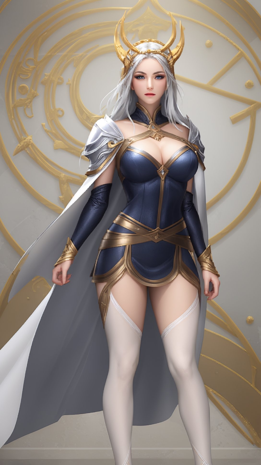 (1girl),smooth chin,masterpiece,detailed face,((hair ornament)),top quality,4k,make up,best quality,large breasts,(looking at viewer),long legs,arms behind back,mature female,full body,silver hair,detached sleeves,black and blue mixed jacket,armor,white skirt,(black cape),blue eyes,short pencil skirt,cloak,white legwear,<lora:1王者露娜启示之音_v1.0:0.8>,