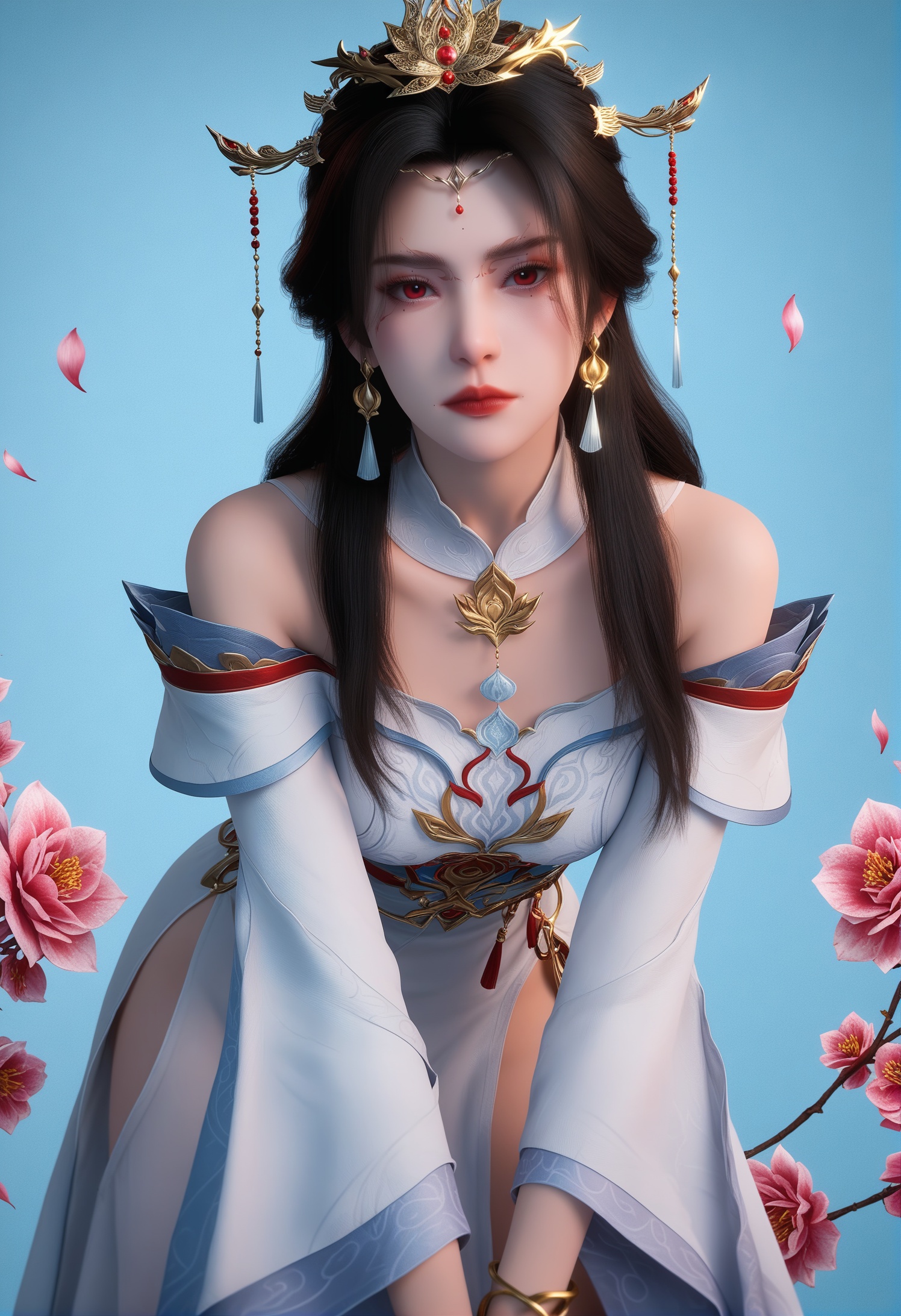 score_9,score_8_up,score_7_up,1girl,solo,realistic,(leaning_forward:1.3),(full_shot:1.2),(looking at viewer:1.1),1girl,solo,realistic,dress,chinese clothes,white dress,detached collar,long sleeves,detached sleeves,tassel,bare legs,1girl,solo,realistic,jewelry,tiara,crown,hair ornament,tassel earrings,bracelet,anklet,1girl,solo,realistic,mature face,big eye,(pale_skin:1.1),shiny_skin,slender face,long hair,brown hair,black hair,mole,mole under eye,red eyes,forehead mark,facial mark,mole under mouth,red lips,bare shoulders,closed mouth,realistic,solid background,simple background,(magazine cover theme:0.75),<lora:小巳-姚惜雪-重置pony:0.85>,