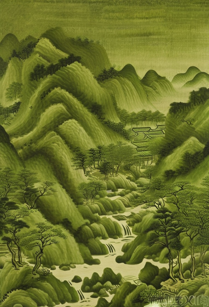 Yshanshui, no humans, scenery, tree, green theme, nature, forest, monochrome, plant, traditional media, outdoors, landscape a painting of a mountain landscape with a river running through it and a man standing on a hill looking at the water, <lora:XL_YSshanshuiV10:0.9>