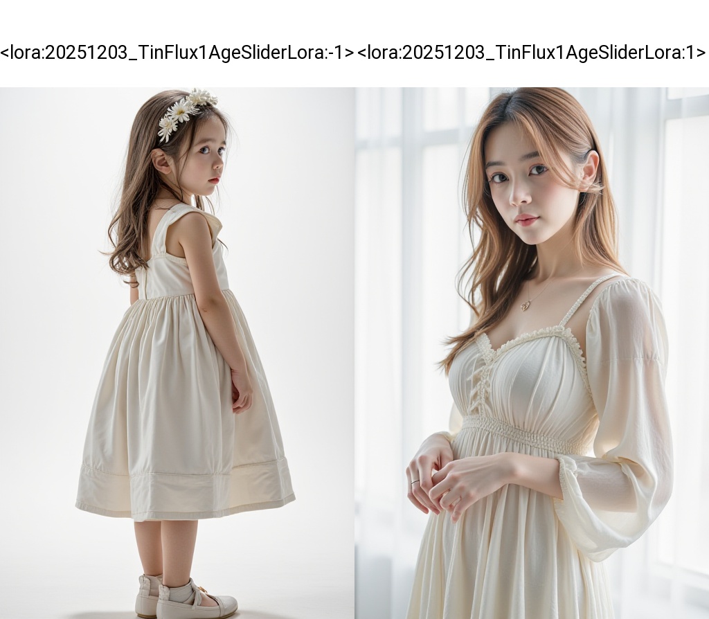 <lora:20251203_TinFlux1AgeSliderLora:-1>HDR photo of cinematic film still, girl,dress,close up,looking at viewer,white background,