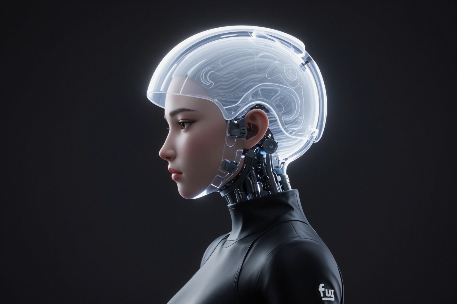 YY Anime style,CG,this is a digital cgi artwork depicting a side profile of a young woman wearing a futuristic, white, transparent helmet with glowing edges, the helmet is integrated with black, high-tech components visible on her ear and neck, she has fair skin and a calm expression, she is dressed in a sleek, black, high-neck garment with the word fug in white text on the right side, the background is a solid, dark gradient, emphasizing the modern and technological elements of the helmet, the image has a minimalist, sci-fi aesthetic, with a focus on clean lines and subtle lighting, the artist's signature, pierre dubuc, is vertically aligned on the right 
