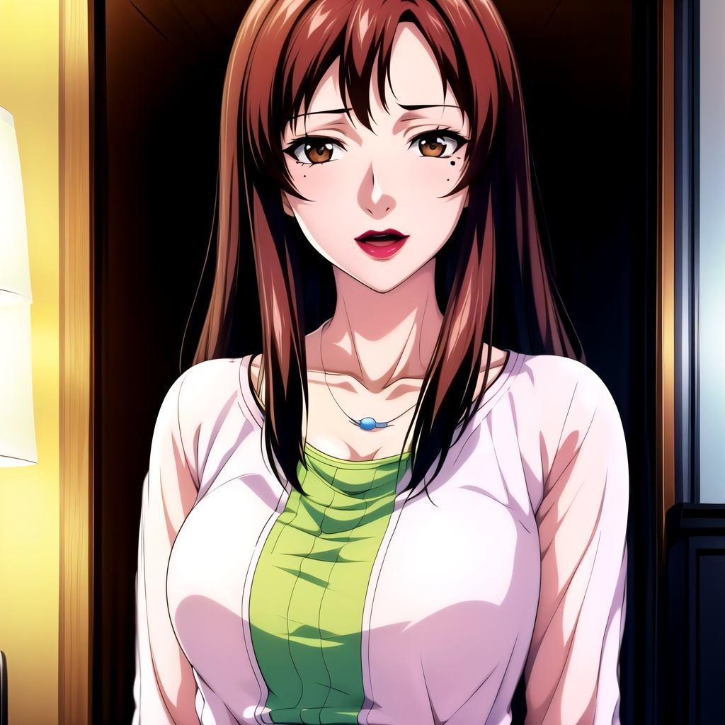 yuntianhe, 1girl, solo, red hair, jewelry, mole under eye, long hair, necklace, mole, open mouth, brown eyes, lipstick, makeup, collarbone, upper body,nice hands, perfect balance, (looking at viewer:1.5), closed mouth, (Light_Smile:0.3), official art, extremely detailed CG unity 8k wallpaper, perfect lighting, Colorful, Bright_Front_face_Lighting, White skin, (masterpiece:1), (best_quality:1), ultra high res, 4K, ultra-detailed, photography, 8K, HDR, highres, absurdres:1.2, Kodak portra 400, film grain, blurry background, bokeh:1.2, lens flare, (vibrant_color:1.2), professional photograph, (narrow_waist), dark studio