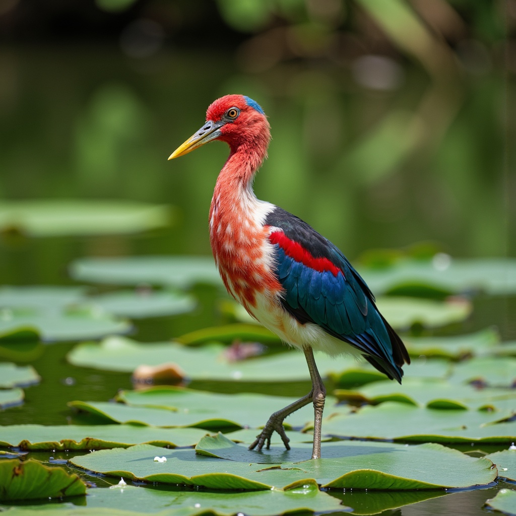 there is a bird that is standing in the water with lily pads,colorful bird with a long,african sybil,wildlife photography canon,with symmetrical head and eyes,wild species photography,on a canva,wearing crown of bright feathers,standing bird,rubbery - looking body,rubbery-looking body,helicopters and tremendous birds,symmetrical head and body,frans lanting,bird legs,young male with walking stick,4 k high - resolution photograph,nature photography 4k,full body photgraph,insects and birds,the most bizarre hybrid animals,bird head,on stilts,long focal length,animal photography,with a yellow beak,standing on a lotus,female full body,expert figure photography,wildlife preservation,male emaciated,short focal length,head and upper body,