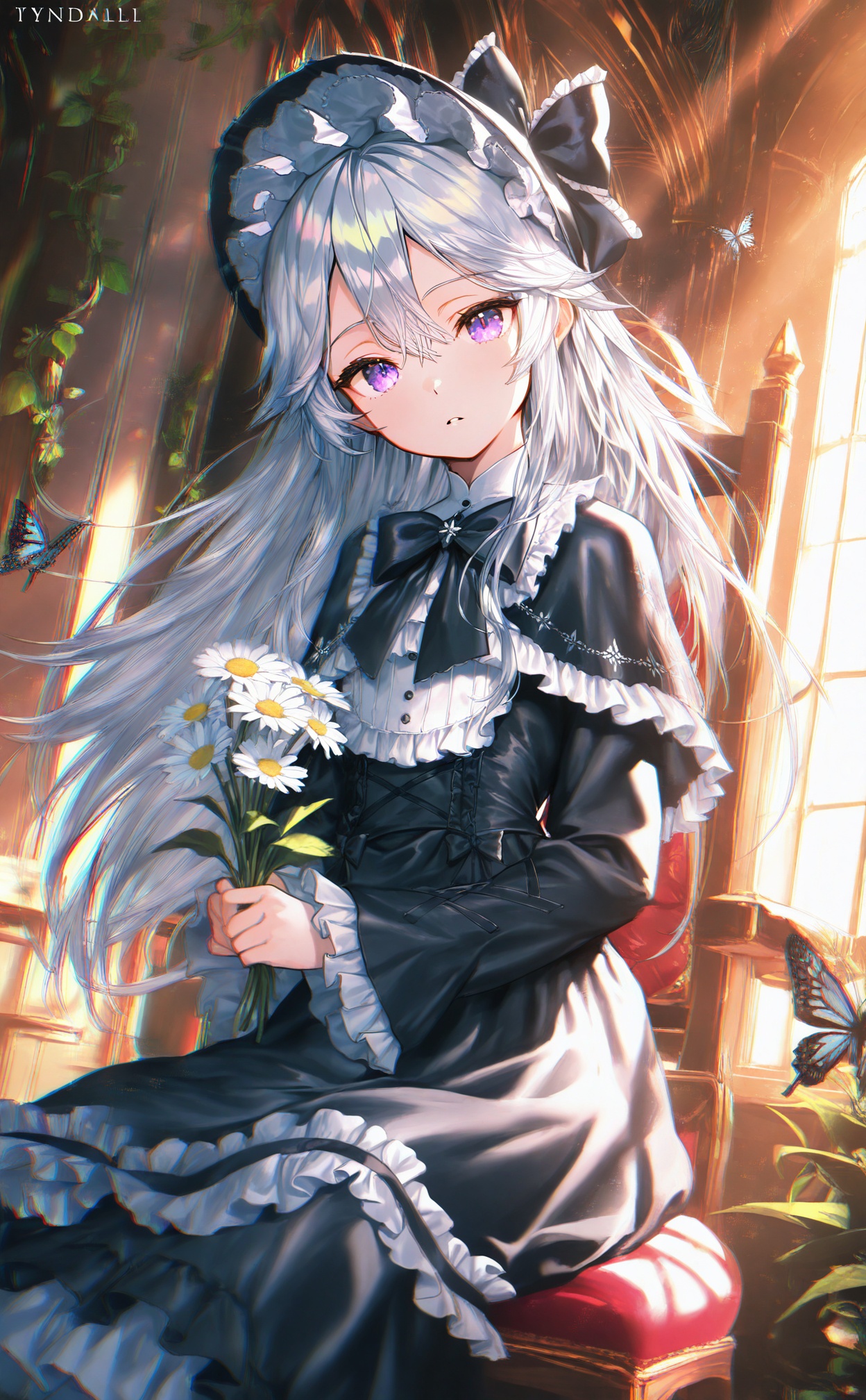 masterpiece,absurdres,best quality,loli,petite,high quality,chromatic_aberration,//,1girl, flower, solo, bow, dress, long hair, holding flower, hair bow, black bow, holding, black dress, purple eyes, looking at viewer, frills, sitting, butterfly, bug, hair between eyes, frilled dress, white flower, chair, long sleeves, capelet, black capelet, bowtie, grey hair, lolita fashion, window, parted lips, indoors, expressionless, black bowtie, light particles, frilled bow, gothic lolita, sunlight, plant, light rays, vines, bouquet, white hair, frilled capelet, holding bouquet, frilled sleeves, watermark, head tilt, daisy//,Depth of field,(colorful),hdr,Tyndall effect,depth of field,Tyndall Effect,blurry,blurry_background,depth_of_field,bokeh,glowing,//,<lora:ssxd2——【noob】hans:1>,