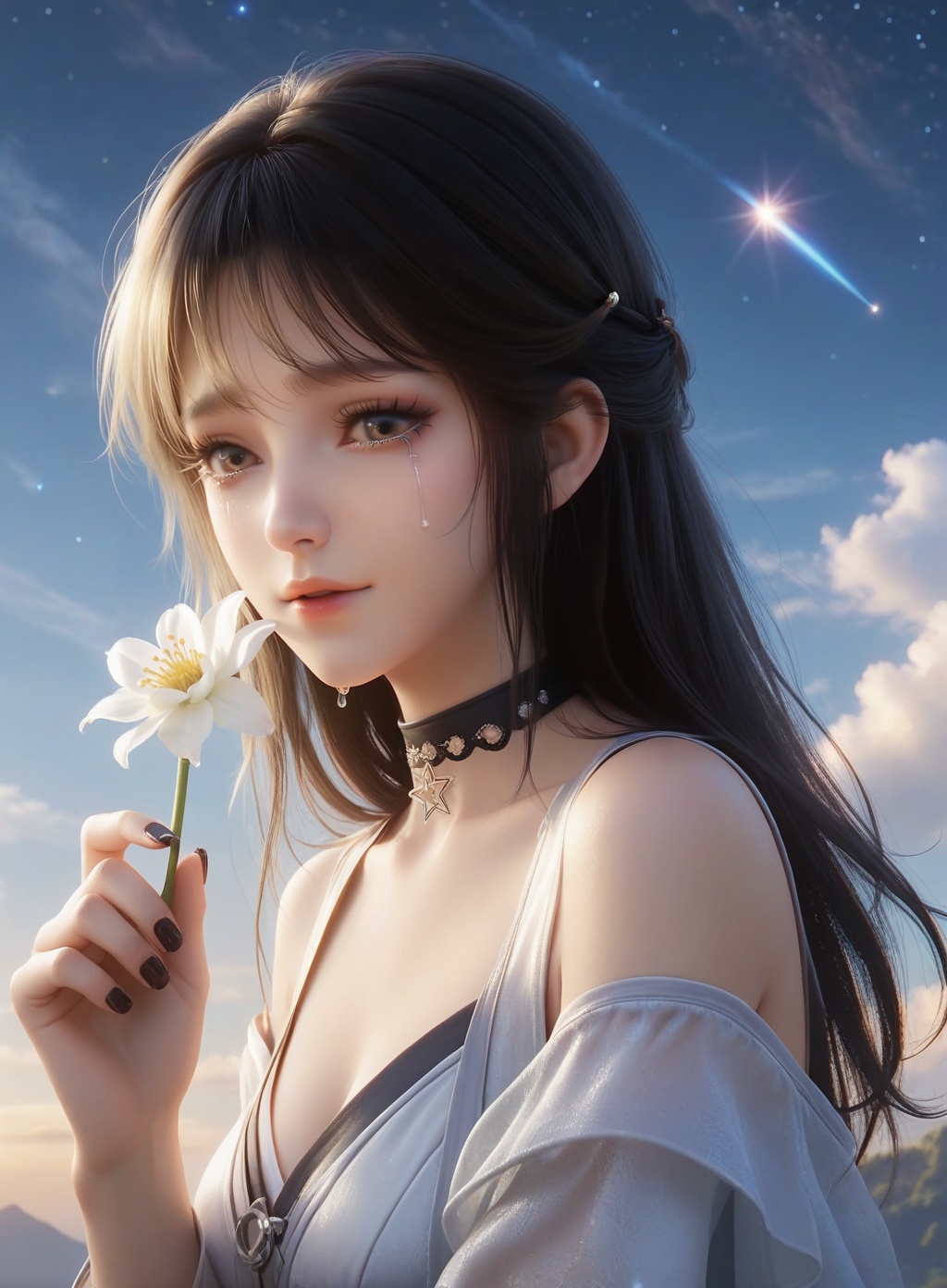 score_9,score_8_up,score_7_up,1girl,solo,flower,choker,black hair,shooting star,holding,black nails,holding flower,looking at viewer,black choker,makeup,black eyes,crying,tears,nail polish,star (sky),shiny,bare shoulders,upper body,crying with eyes open,smile,from side,starry sky,sky,<lora:wy_jinguanzhu_mw_XL7.0:0.8>,long hair,