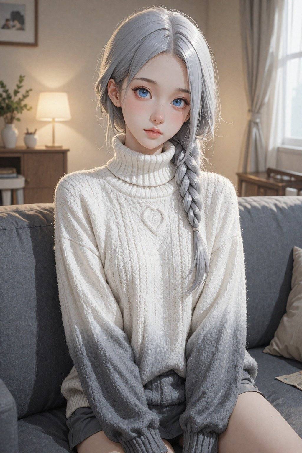 创作一幅年轻女子的肖像画,  她有着飘逸的银色长发,  编成辫子 on Tensor.Art