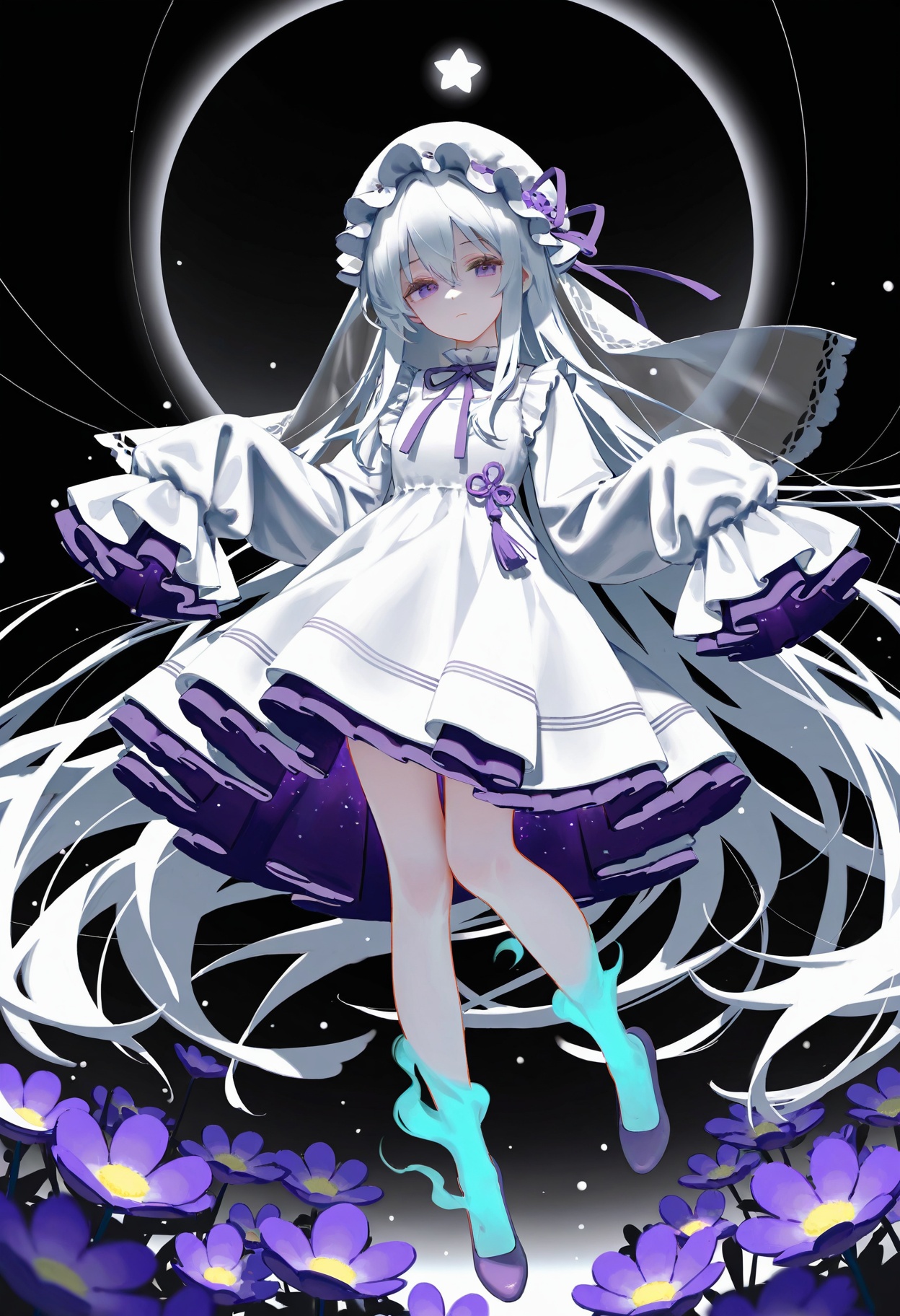(wlop:0.907),(ningen mame:0.9524),(bilibili xiaolu:0.9524),ciloranko,(tianliang duohe fangdongye:0.907),(hiten :0.9524)hitenkei,(bm tol:0.8638),year 2023,,1girl,original,dress,eyelashes,ghost tail,hands up,hat,long hair,long sleeves,mob cap,neck ribbon,pale skin,purple eyes,purple ribbon,ribbon,sleeves past fingers,sleeves past wrists,solo,veil,white background,white dress,white hair,white hat,closed mouth,purple flower,gibbous moon,sidelocks,half-closed eyes,white veil,very long hair,frilled dre,wavy hair,looking at viewer,hat ribbon,knees together feet apart,frills,absurdly long hair,purple footwear,full body,flower,floating,hair between eyes,star \(symbol\),expressionless,tassel,shaded face,purple theme,frilled headwear,