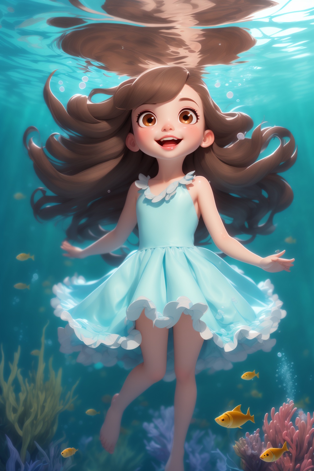 1girl, solo, brown hair, long hair, underwater, dress, brown eyes, parted lips,