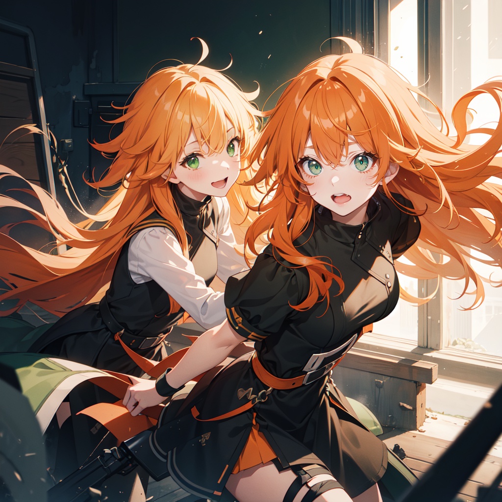 light and dark,happy,jumping, light orange hair,long hair,green eyes,(((messy hair))),wavy hair,asymmetric bangs,