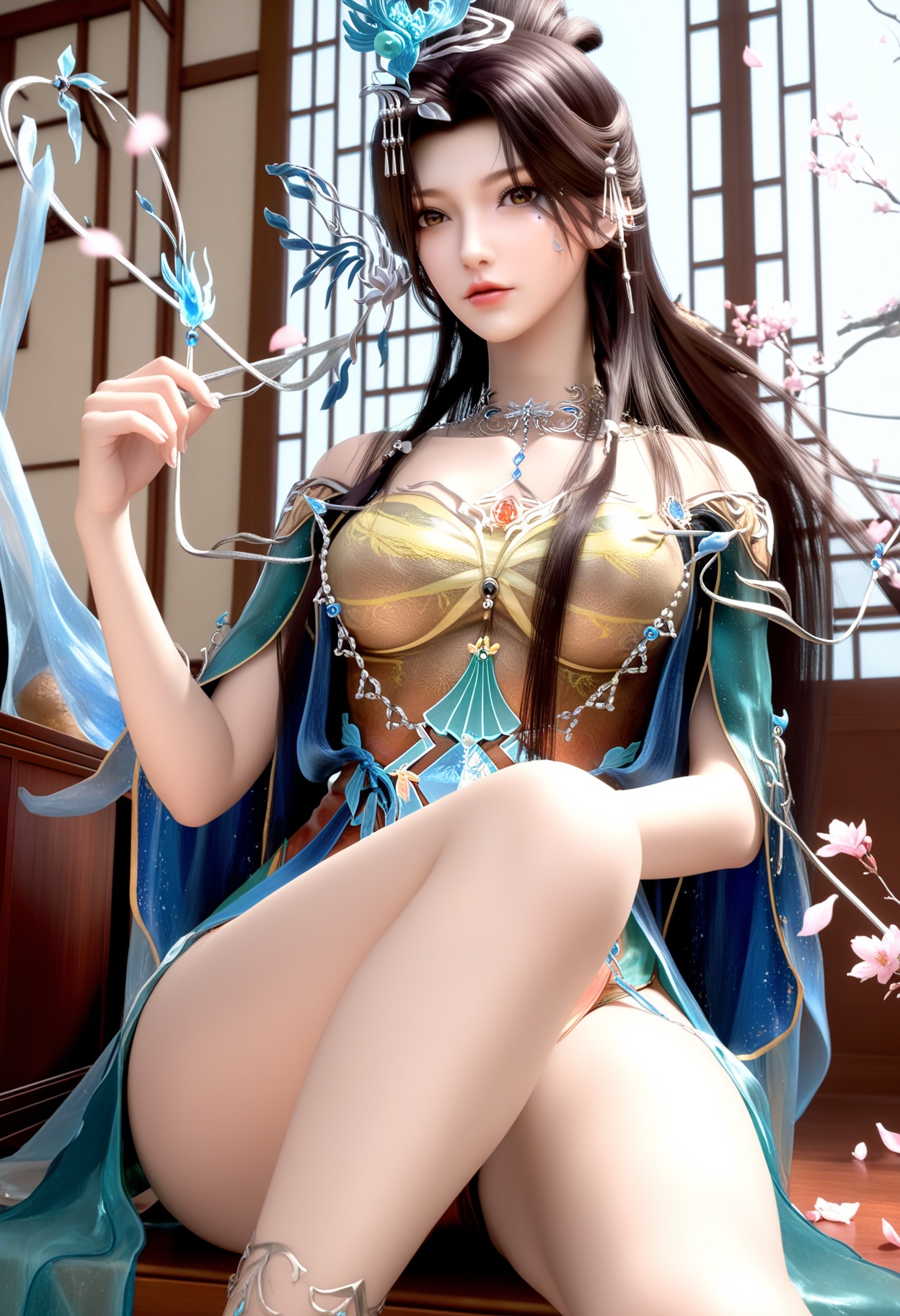 masterpiece,best quality,amazing quality,high resolution,ultra-detailed,absurdres,(looking at viewer:1.1),upper body,indoors,(moody lighting:1.1),peach blossom,falling petals BREAK large breasts,yunwangshu,1girl,solo,long hair,jewelry,hair ornament,black hair,dress,necklace,brown hair,facial mark,brown eyes,hair bun,chinese clothes,mole under eye,shoes,anklet BREAK photorealistic details,<lora:QQSillyunwangshuV1:0.8>,