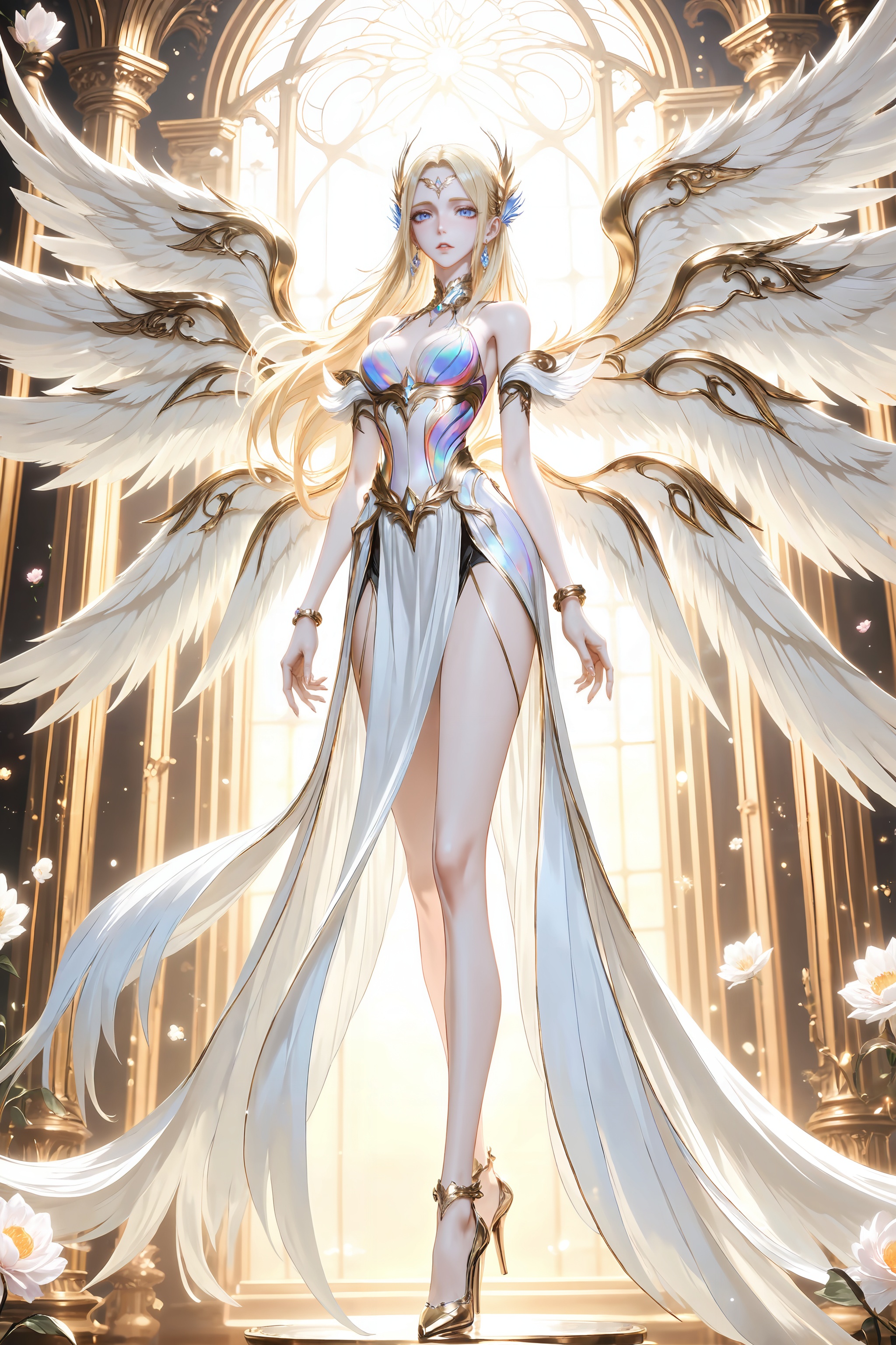 <lora:神装千仞雪-0.0894:0.8>,qianrenxue,1girl,wings,blonde hair,long hair,solo,breasts,dress,high heels,flower,angel wings,white dress,full body,blue eyes,pillar,looking at viewer,bare shoulders,jewelry,multiple wings,white wings,hair ornament,feathered wings,earrings,parted lips,10,close-up details,outstanding style,adding a touch of dimension to your images without compromising details,whirls of vapor,iridescent textures,(Anime:1.1),ethereal ambiance,delicate details,magical high-concept,32K UHD,sharp focus,best-quality,masterpiece,golden hour,unconventional supreme masterpiece,masterful details,temperate atmosphere,with a high-end texture,in the style of fashion photography,photography,cover,dynamic angle,dynamic posture,(artist:quasarcake:0.8),extreme aesthetic,(wlop:0.6),(honjou raita, lack, rella:0.5, wanke),masterpiece,best quality,good quality,very aesthetic,absurdres,visual impact,a shot with tension,ultra-high resolution,32K UHD,sharp focus,best-quality,masterpiece,emotionalization,unconventional supreme masterpiece,masterful details,temperate atmosphere,with a high-end texture,in the style of fashion photography,(visual impact:1.2),giving the poster a dynamic and visually striking appearance,impactful picture,official art,colorful,splash of color,movie perspective,masterpiece,best quality,amazing quality,very aesthetic,absurdres,best quality,newest,