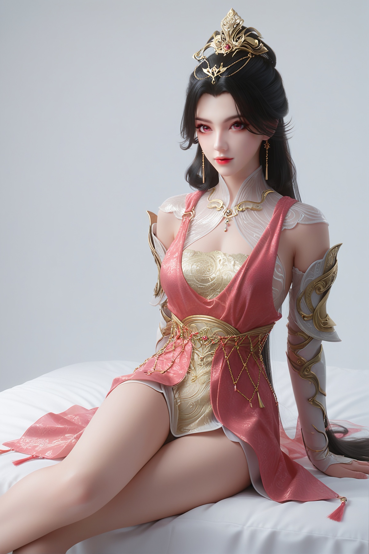 score_9,score_8_up,score_7_up,<lora:wy_zhaolinger_XL7.0:0.8>,black hair,pink eyes,1girl,long hair,breast,medium breast,hair_ornament,dress,thick_thighs,sitting,bed,simple background,white_background,looking_at_viewer,