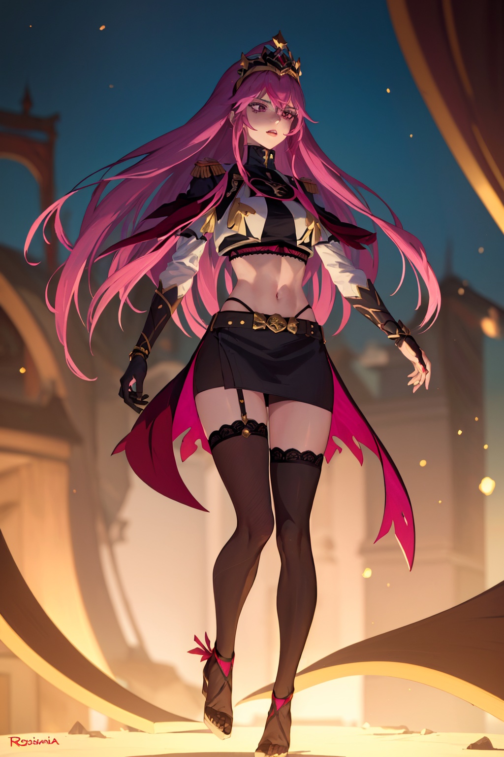 an accurate and detailed full body shot of a young ***** female character named Rosaltis,  a determined and mysterious aur...