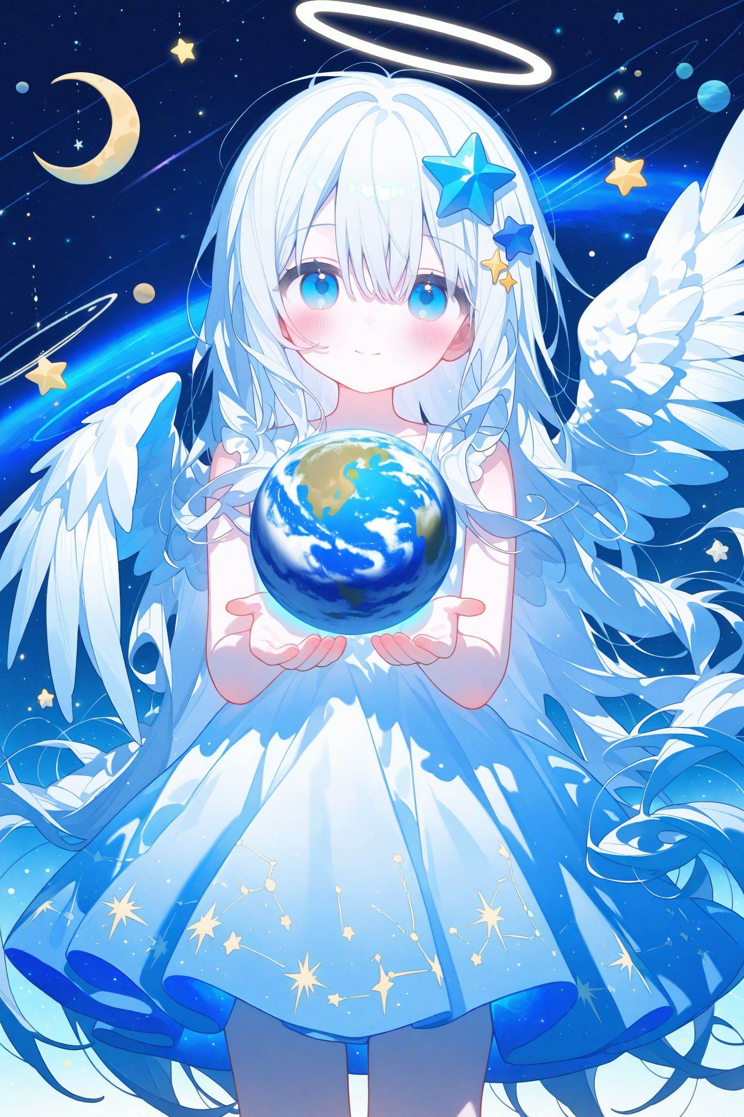 konya666,loli,1girl,angel,angel_wings,blue_eyes,blue_flower,constellation,crescent,cross,dress,feathered_wings,flower,hair_between_eyes,hair_ornament,halo,long_hair,looking_at_viewer,planet,solo,star_\(sky\),star_\(symbol\),star_hair_ornament,star_print,starfish,starry_background,starry_sky,very_long_hair,white_feathers,white_hair,white_wings,wings,